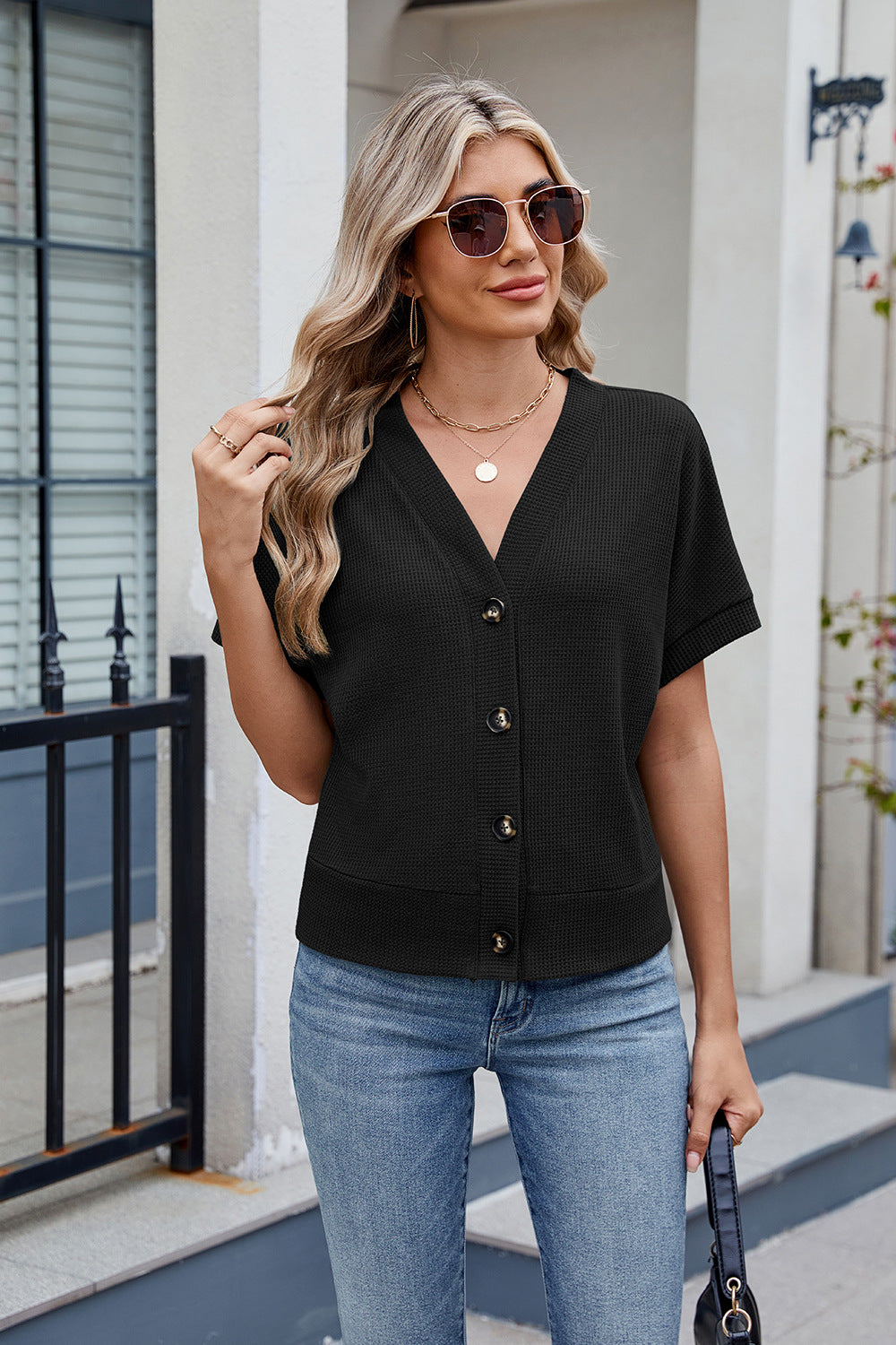 Button Short Sleeve Top Cardigan V-Neck