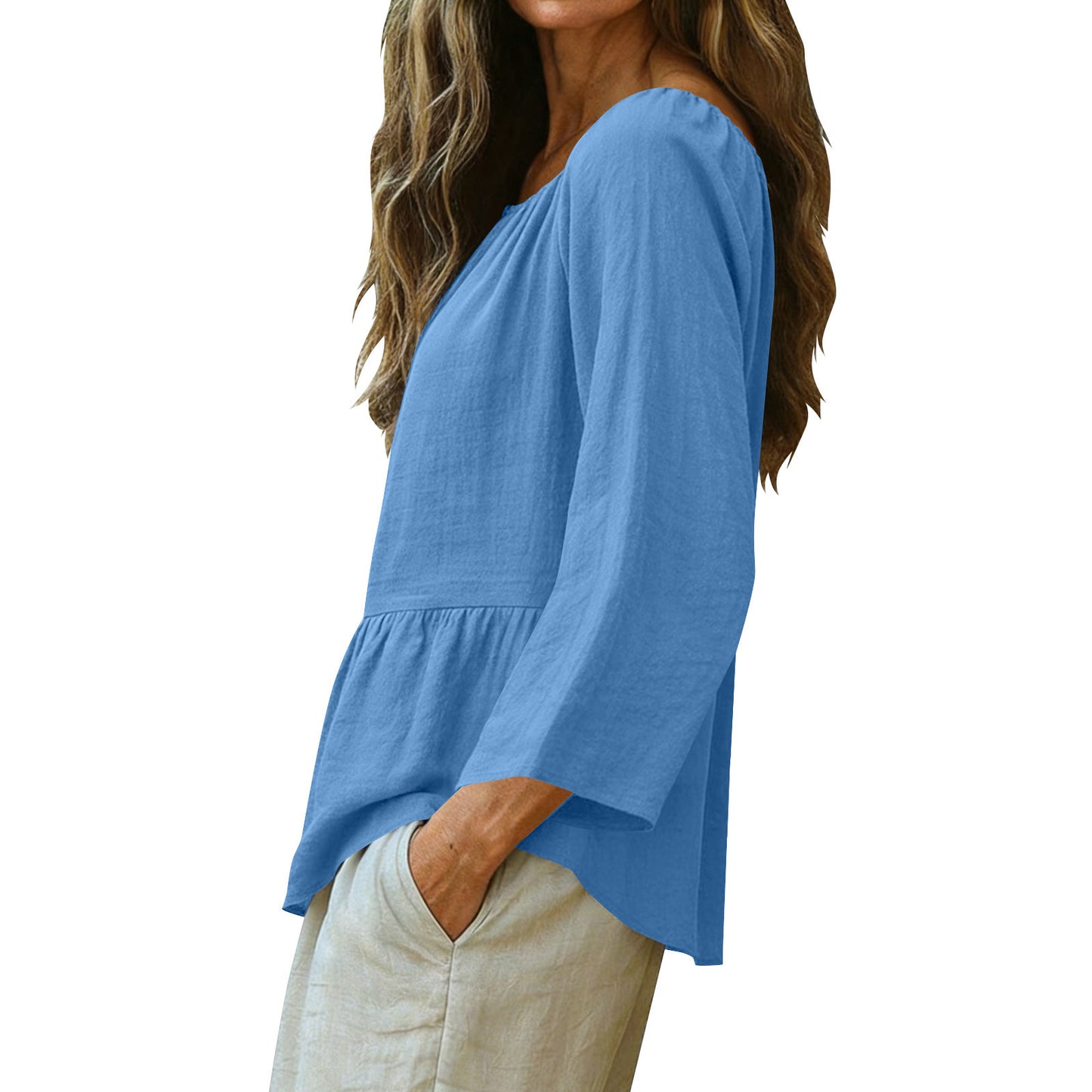 Solid Linen Blend Blouse Boho Peplum Long Sleeve Top