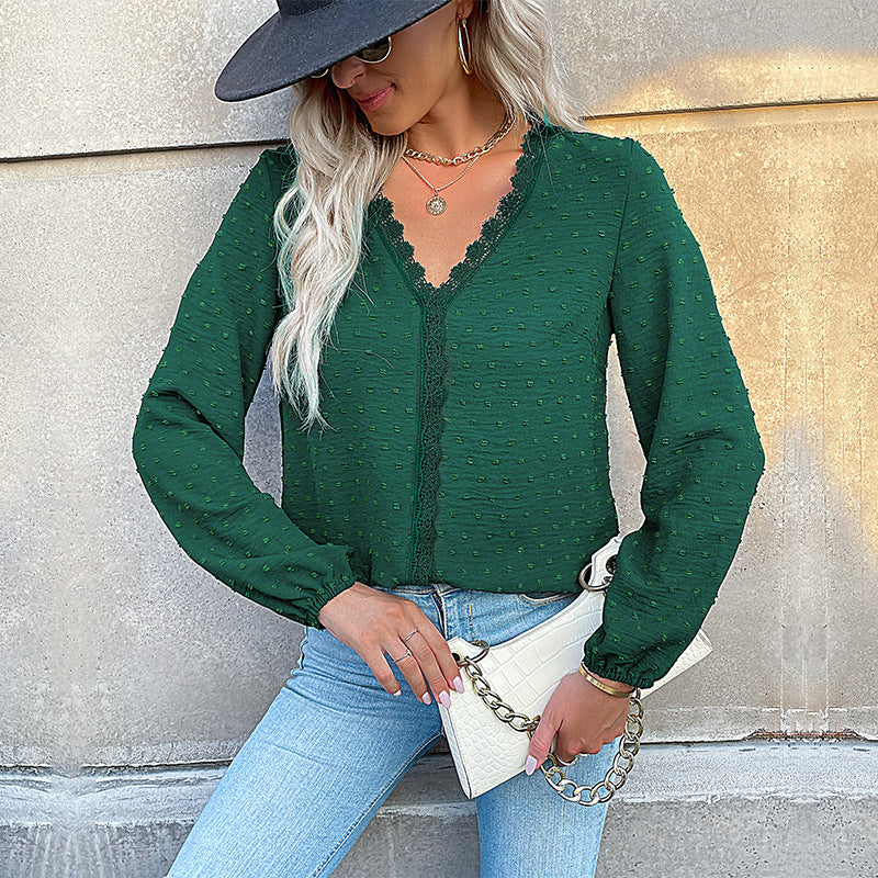 Fall V Neck Long Sleeve Solid Blouse with Lace Trim