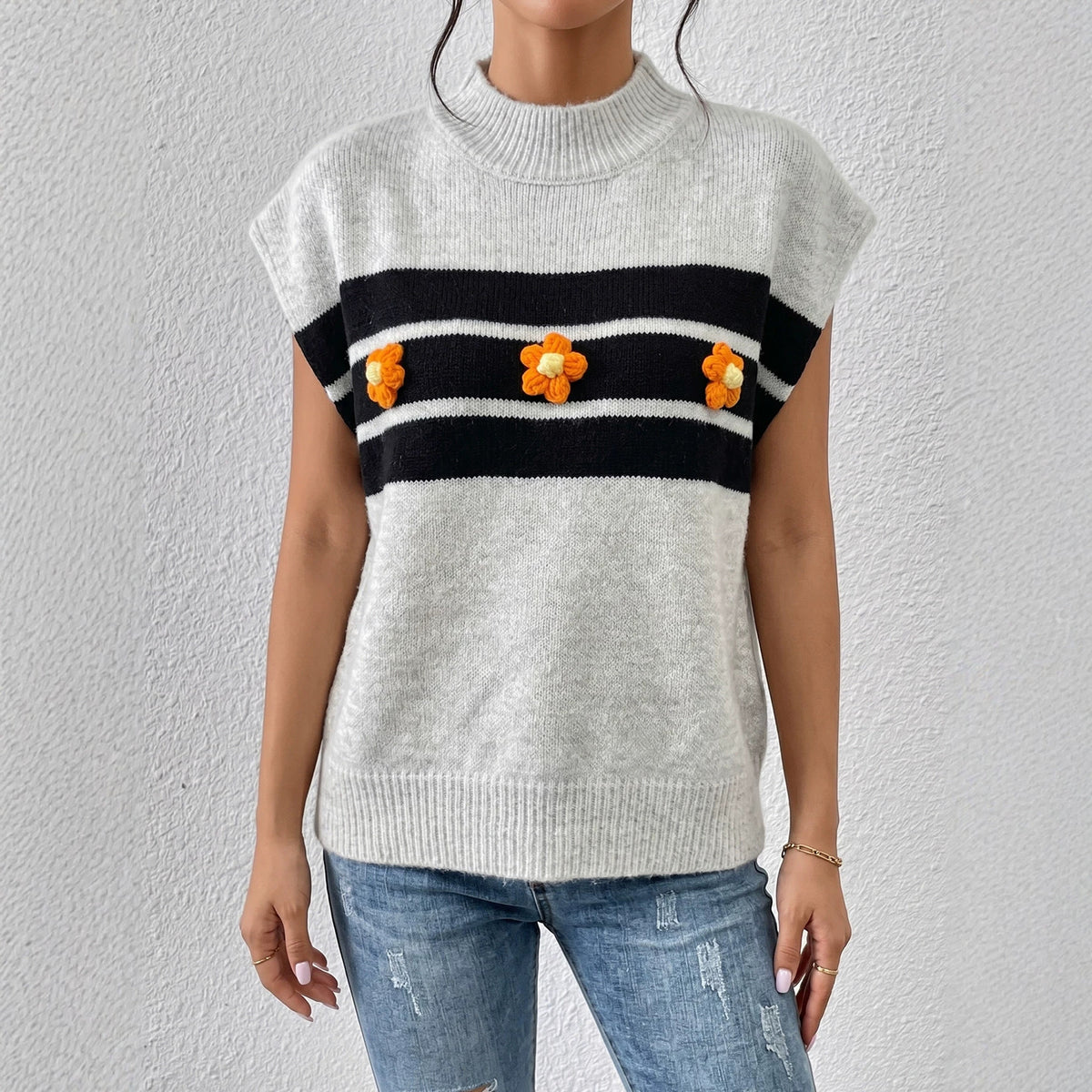 Women's Striped Crochet Flower Sweater Vest