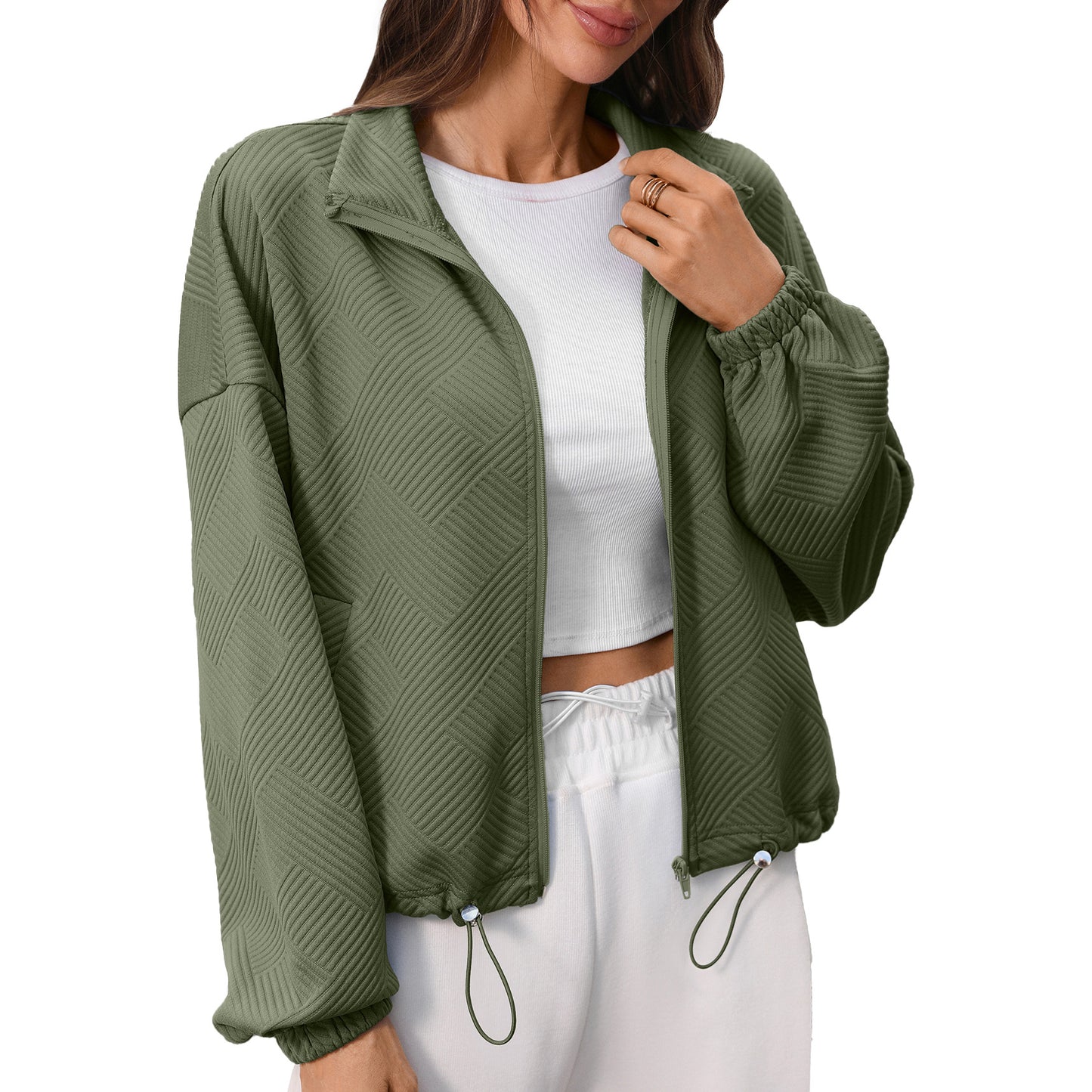Solid Textured Corduroy Jacket Zip Front Casual Layering