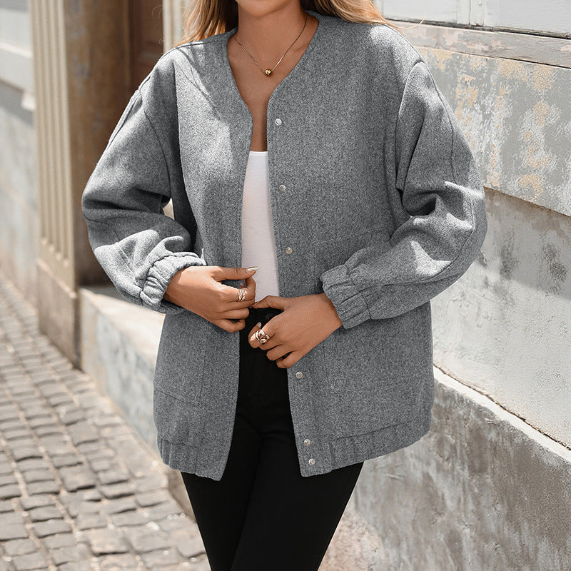 Solid Color Zip Up Casual Loose Fit Long Sleeve Jacket