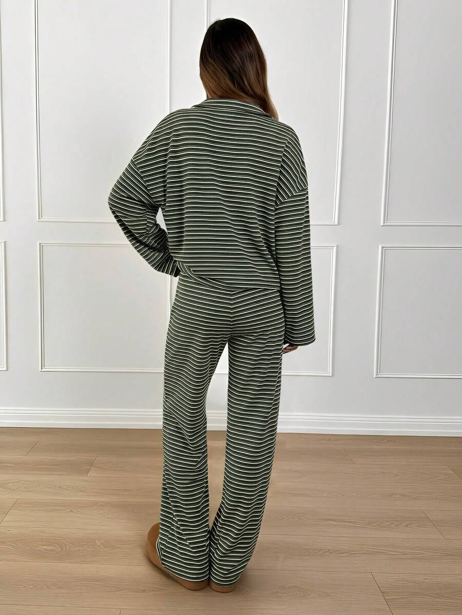 Striped Lounge Set Casual Collared Pullover Wide Leg Pants