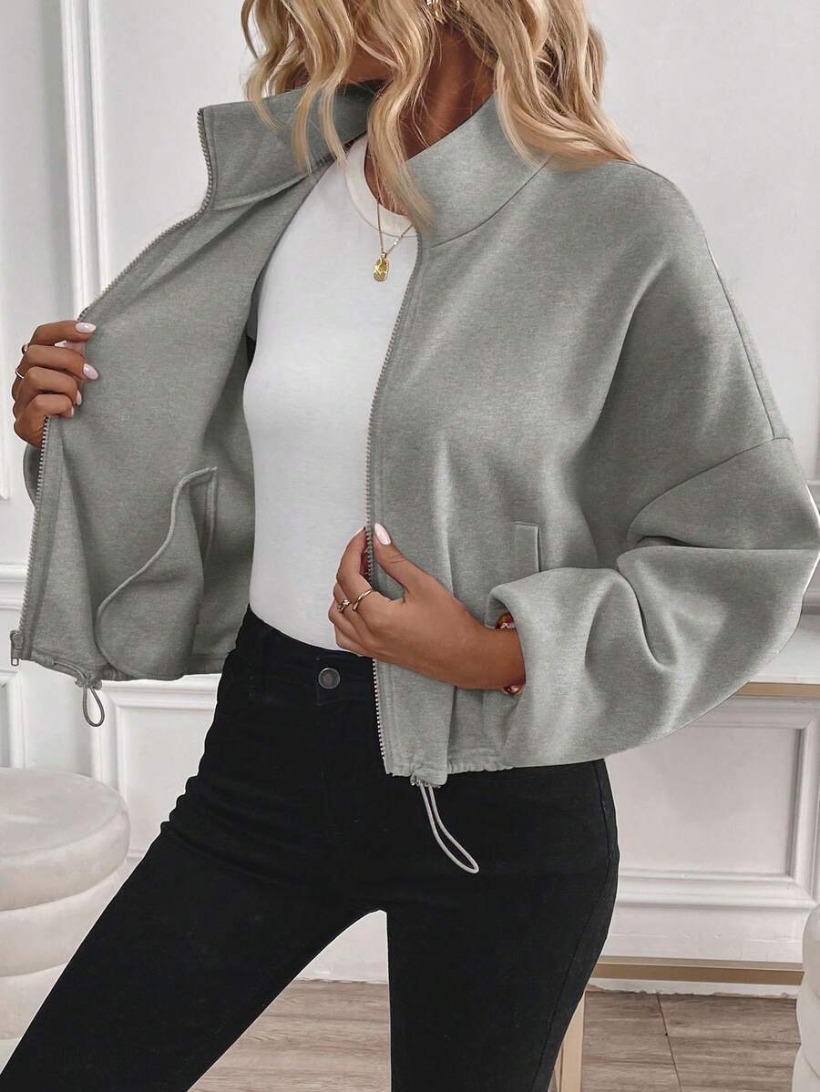 Fleece Zip Up Jacket Drawstring Casual Cropped Outerwear