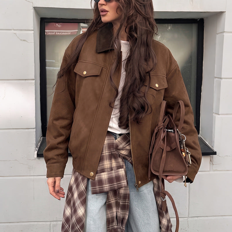 Faux Suede Corduroy Collar Zip Up Workwear Jacket