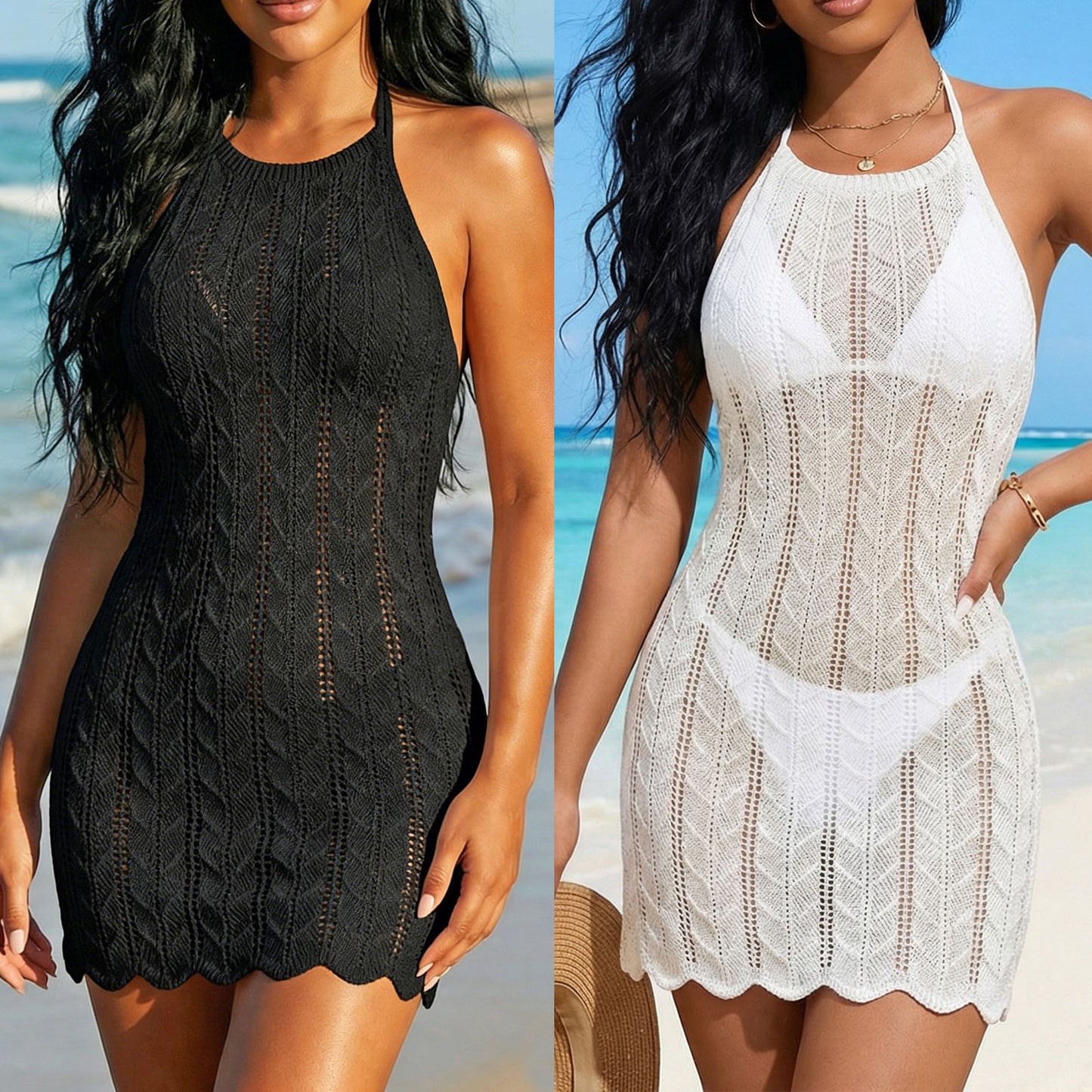 Halter Backless Crochet Beach Cover Up Mini Dress