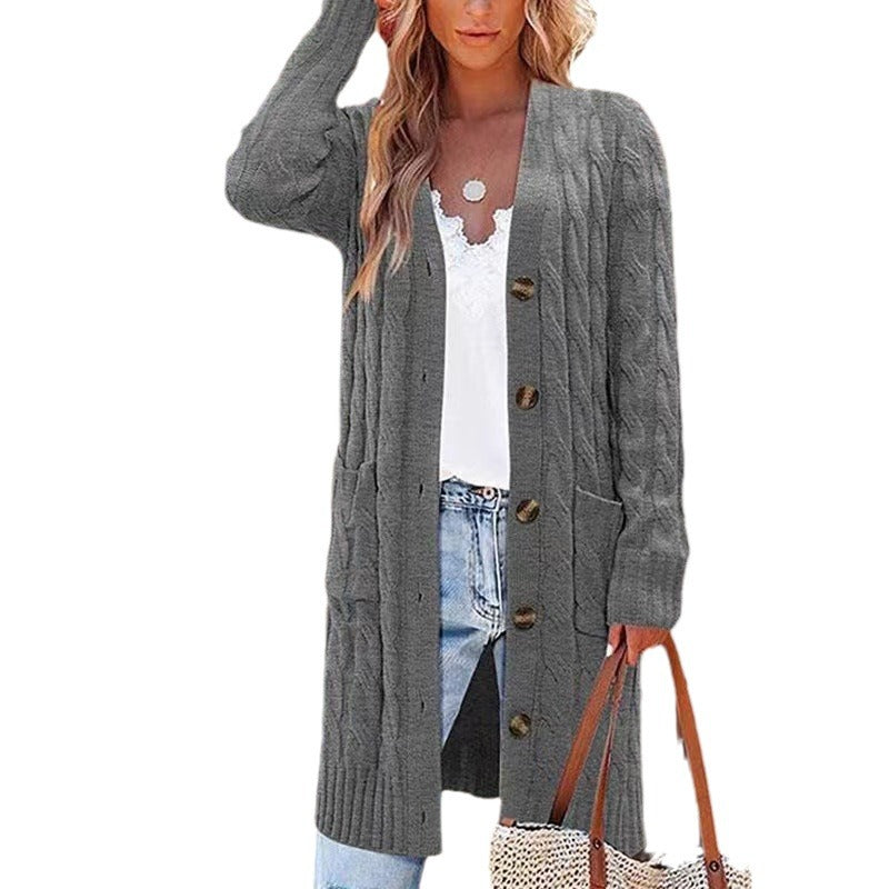 Women's Long Cable Knit Cardigan Button Down Pockets