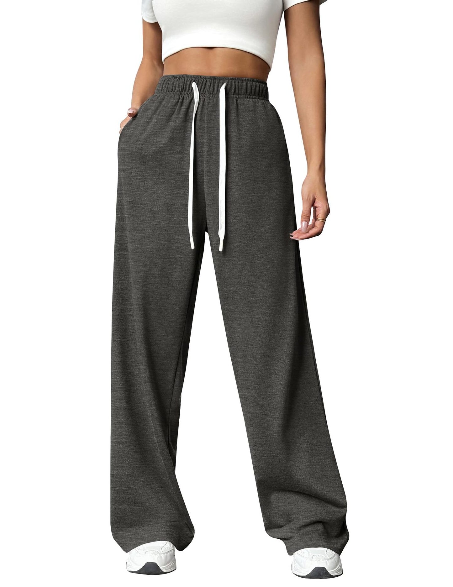 Solid Knit Wide Leg Pants Casual Drawstring Lounge