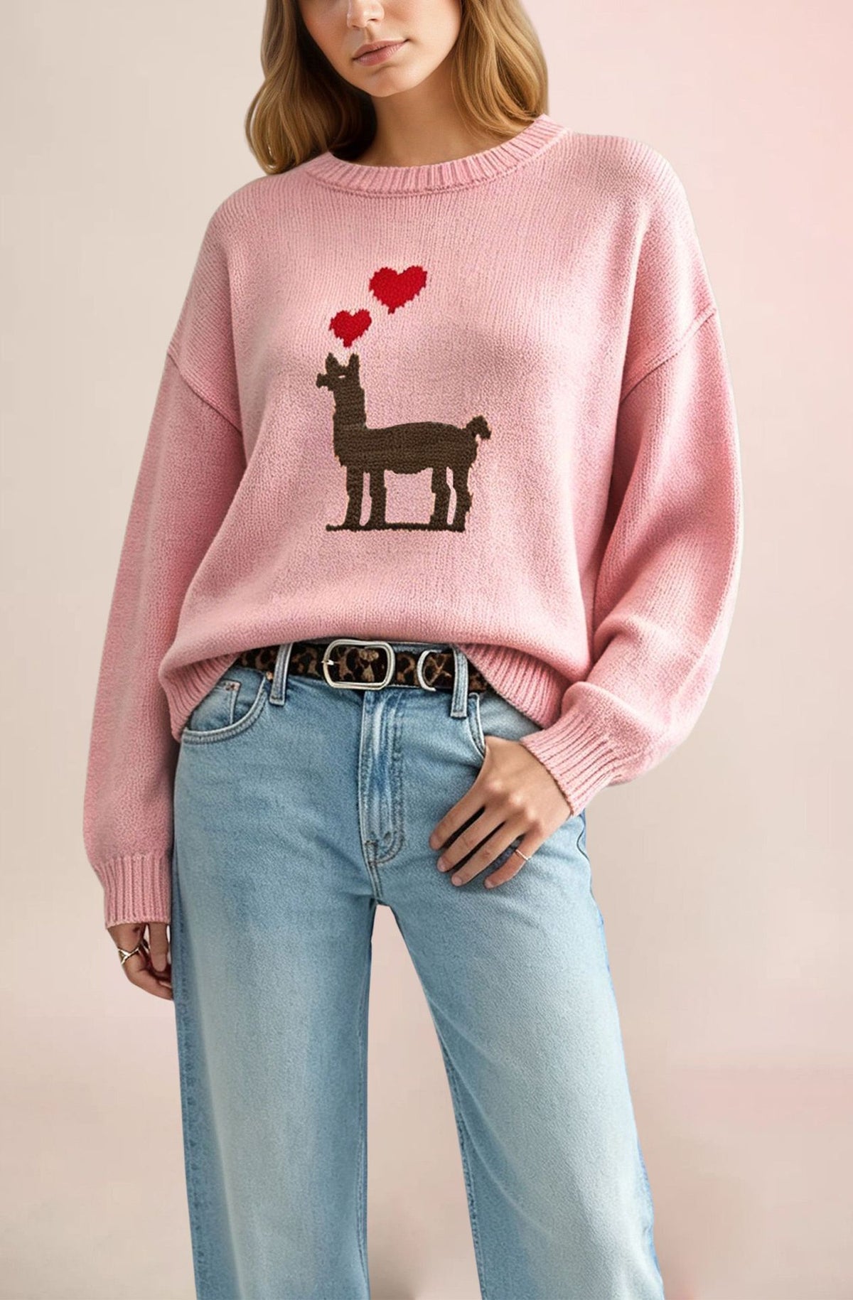 Women's Llama Heart Oversized Crewneck Pullover Sweater