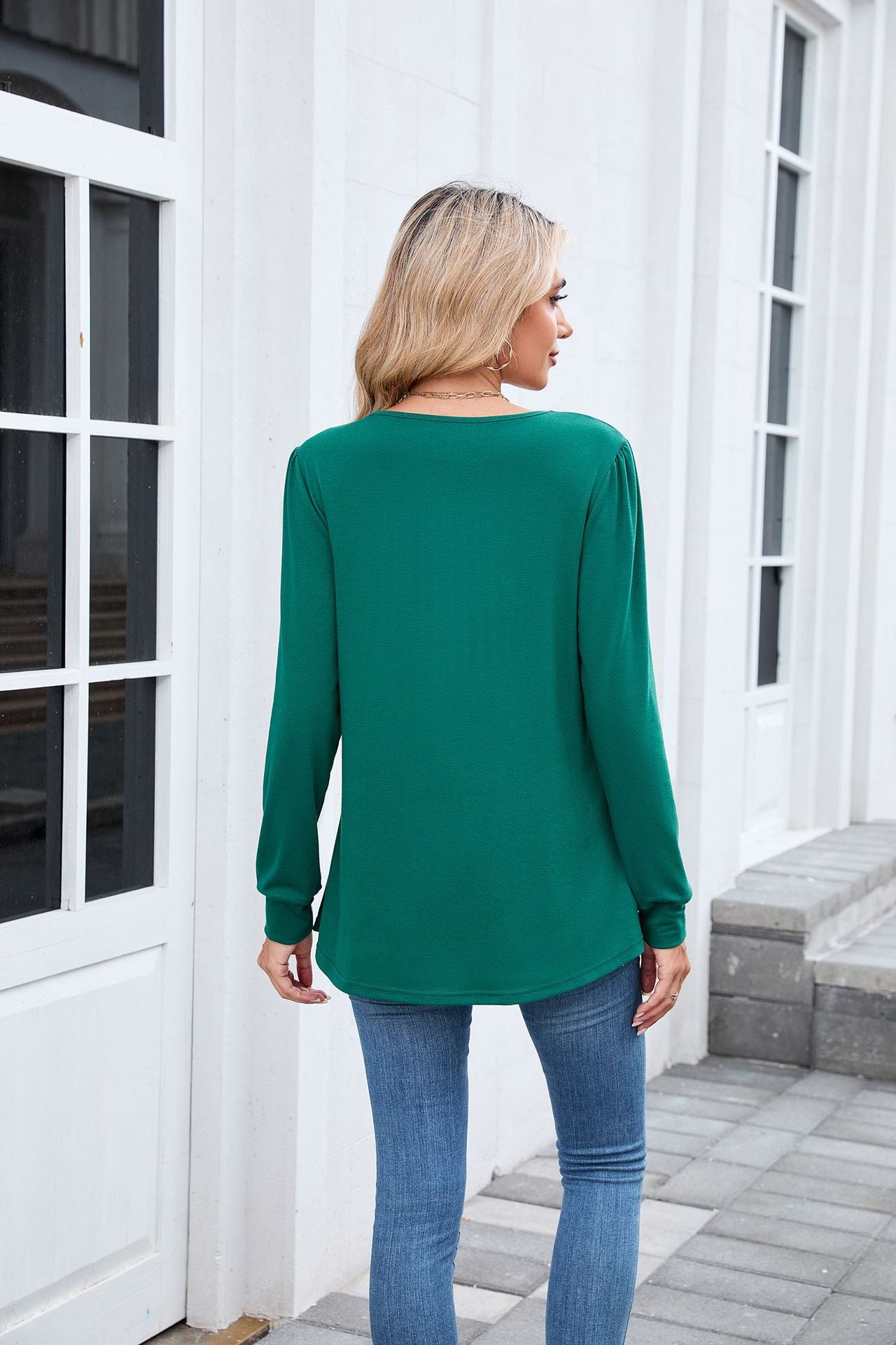 Pleated Front Long Sleeve Tunic Tee | Casual Crew Neck Top