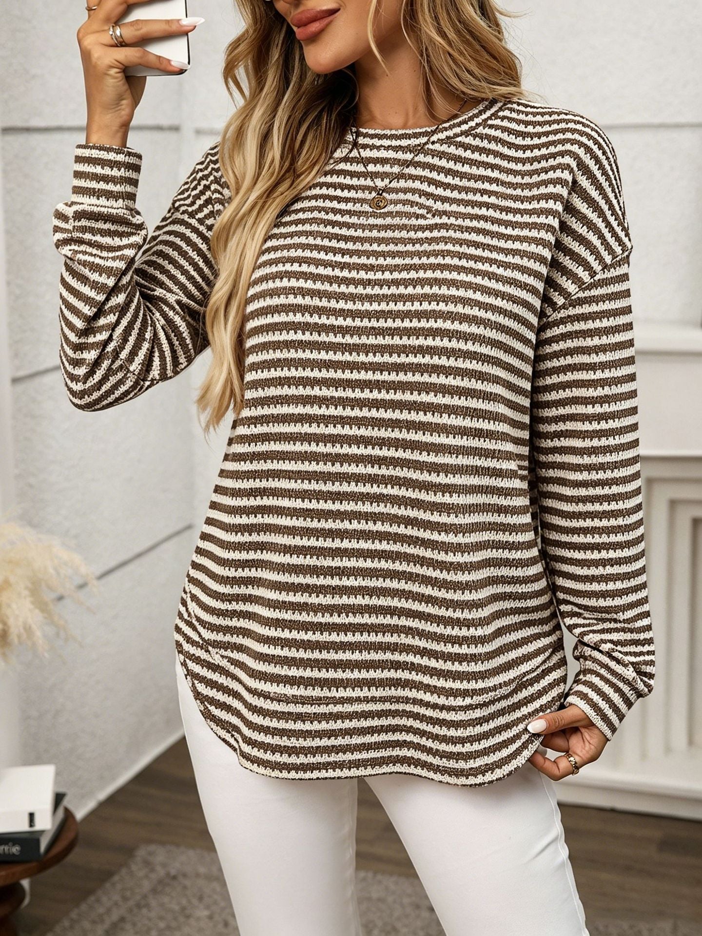 Waffle Knit Striped Long Sleeve Oversized Casual Top