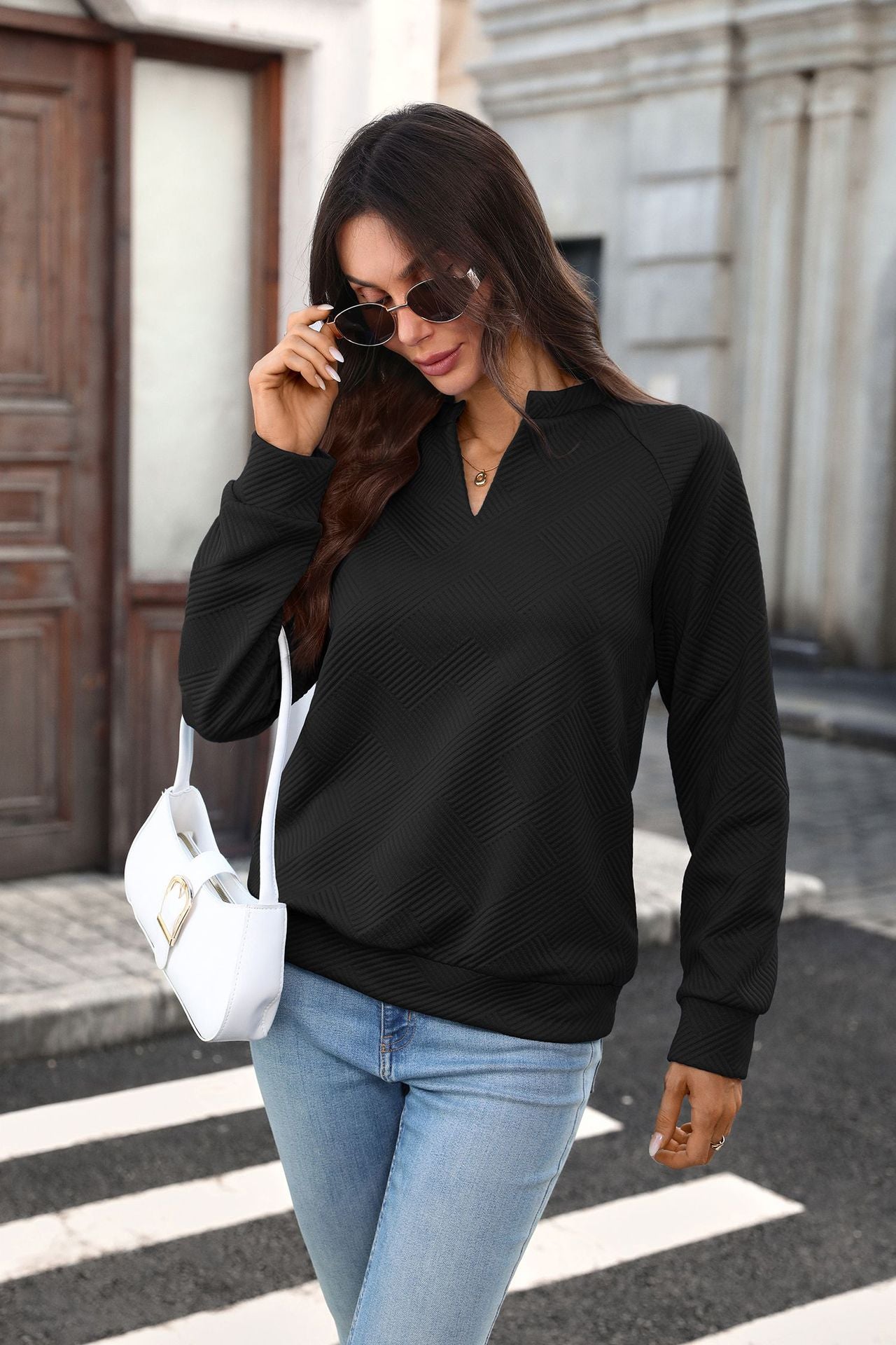 Textured Cotton Pullover V Neck Long Sleeve Trendy Top