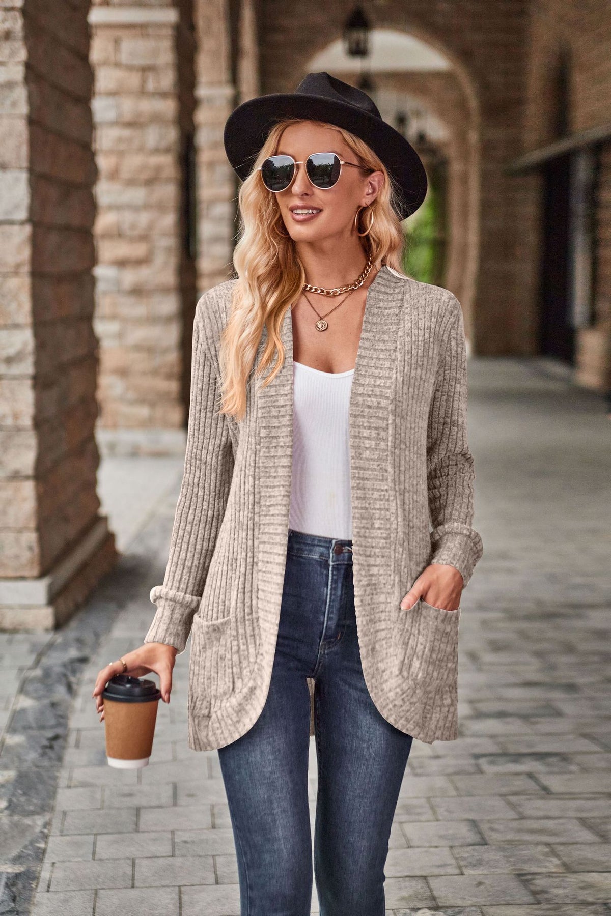 Women's Ribbed Knit Open Front Cardigan Long Sleeve Pockets