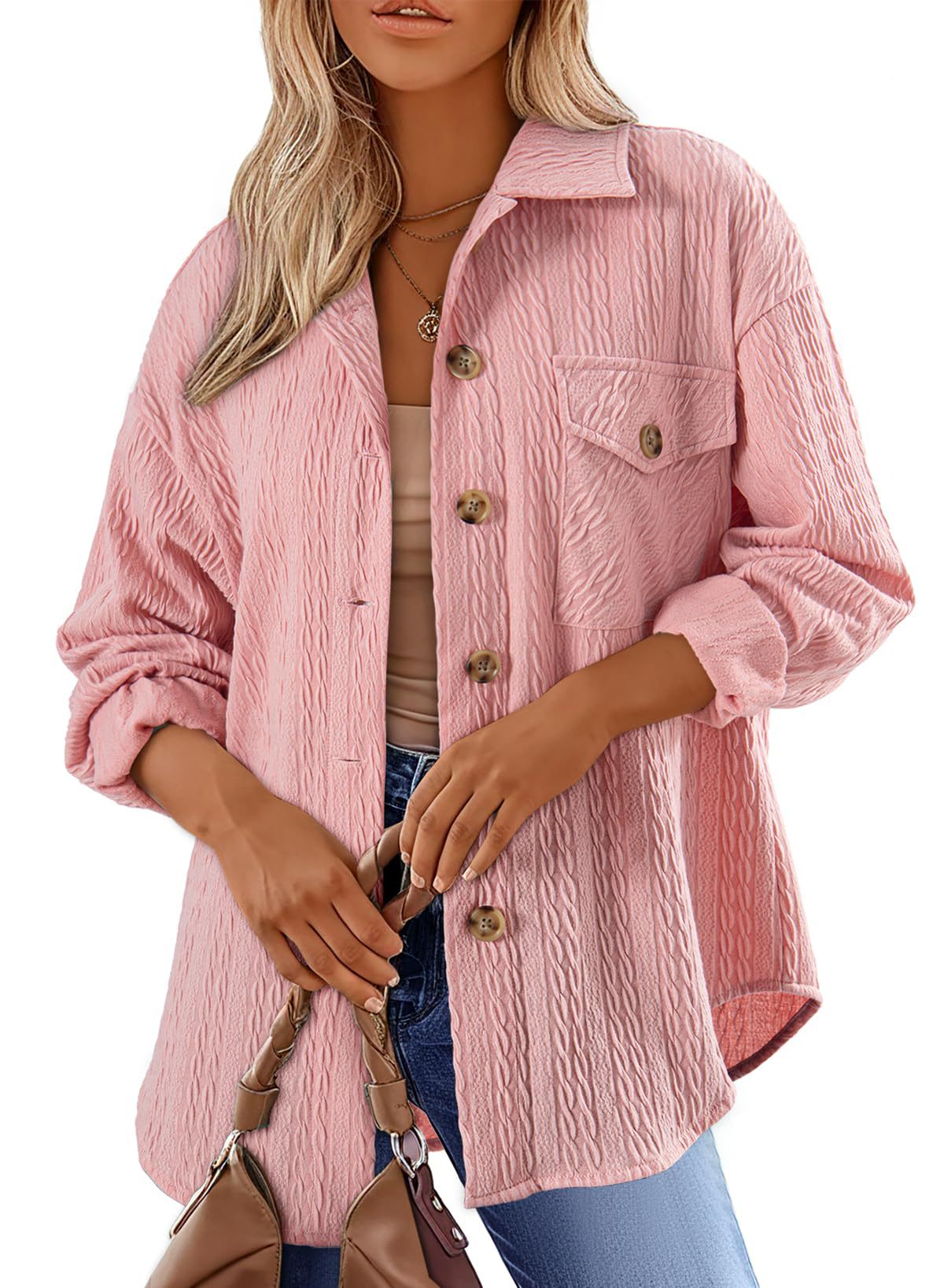 Women's Textured Shacket Oversized Button Down Shirt