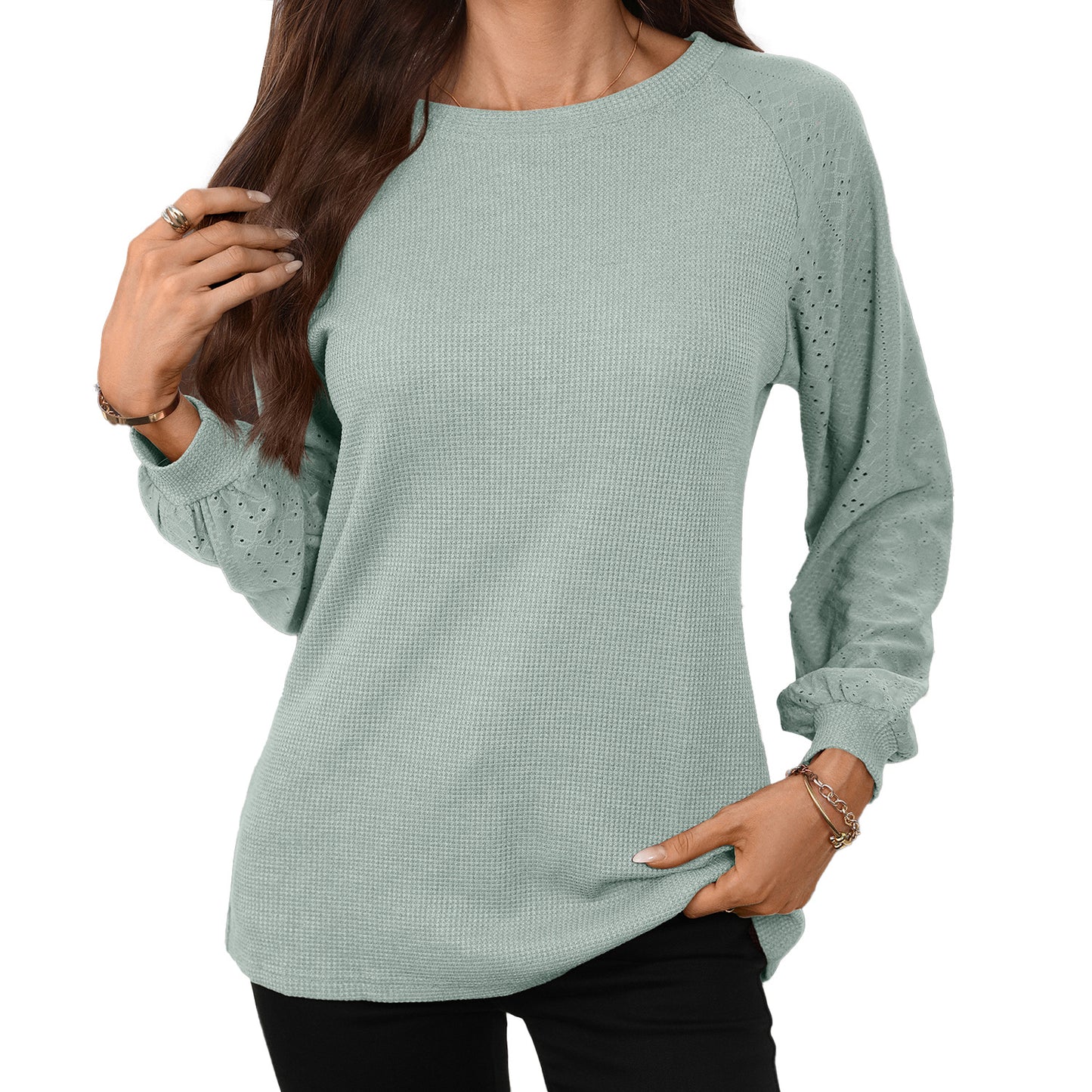 Solid Patchwork Long Sleeve Top Loose Fit Casual Blouse