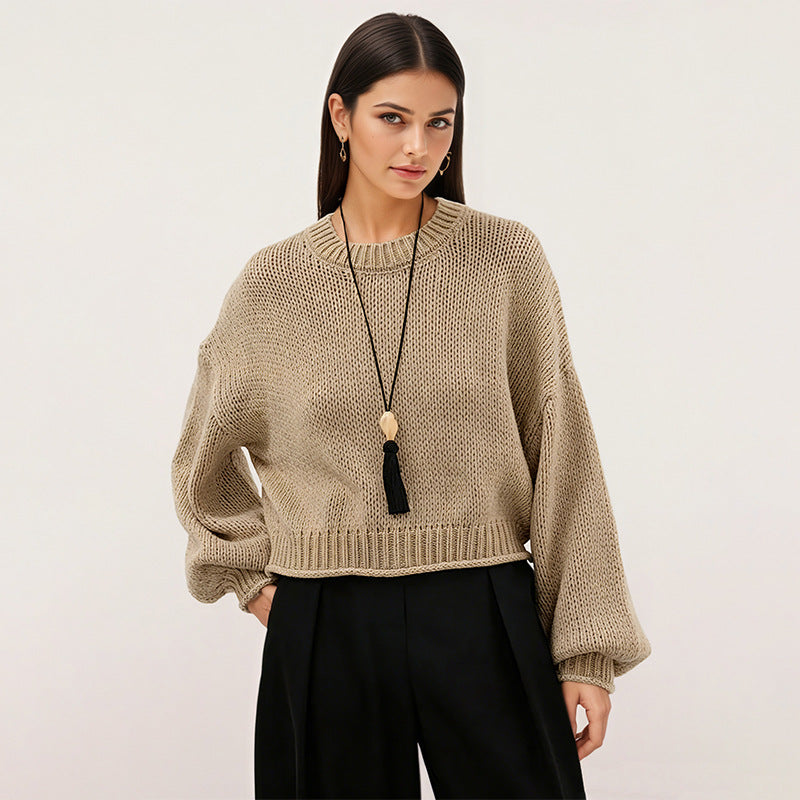 Women's Oversized Cropped Chunky Crew Neck Sweater