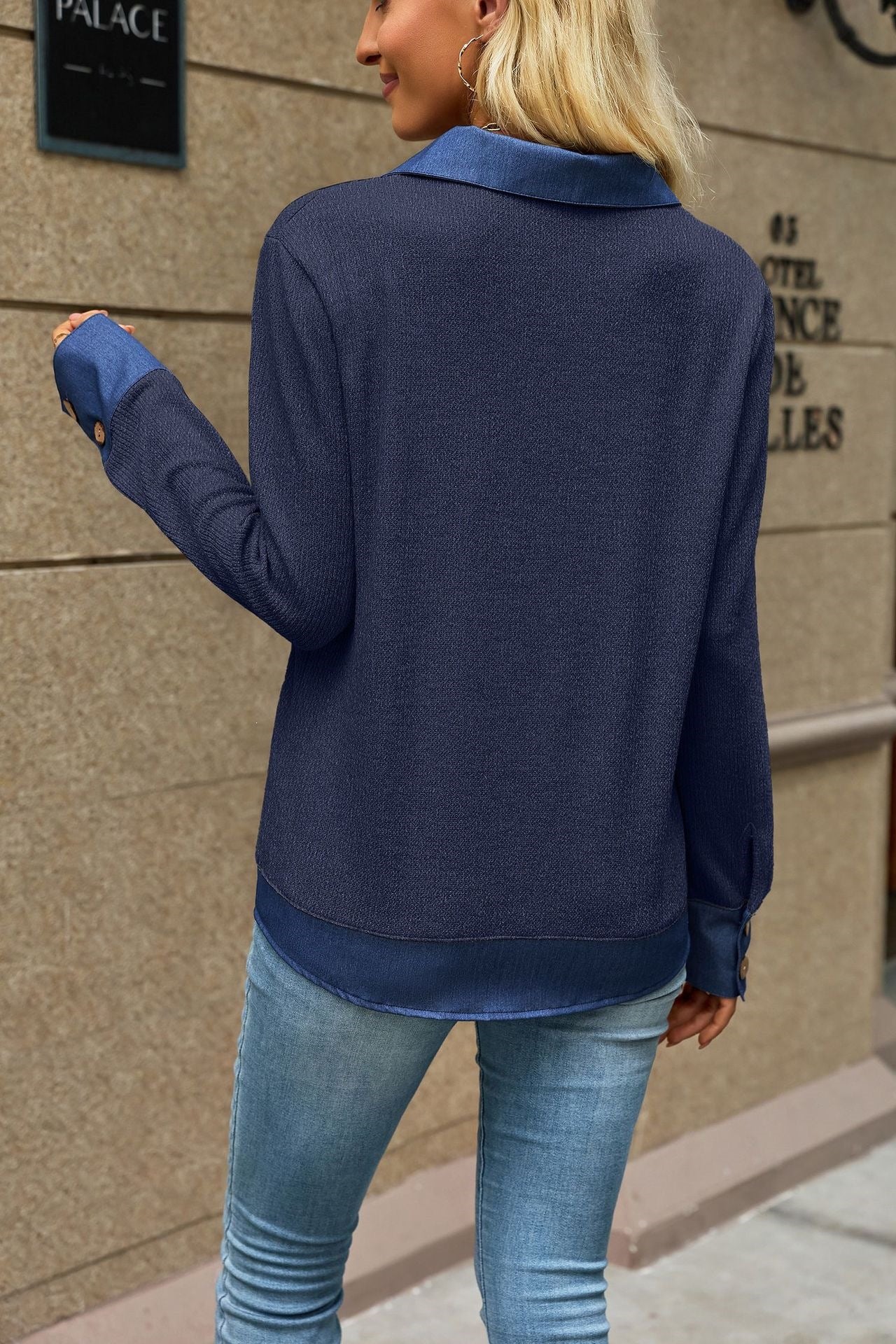 Women's Color Block Denim Collar Pullover Sweatshirt