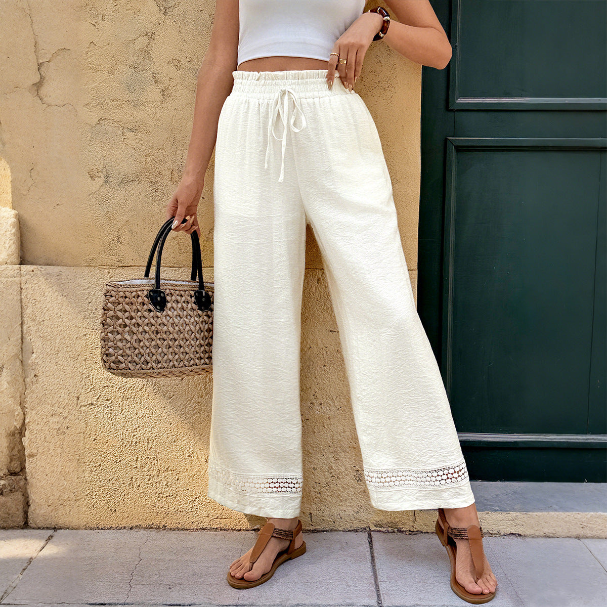 Elastic Waist Wide Leg Straight Casual Pants for Women