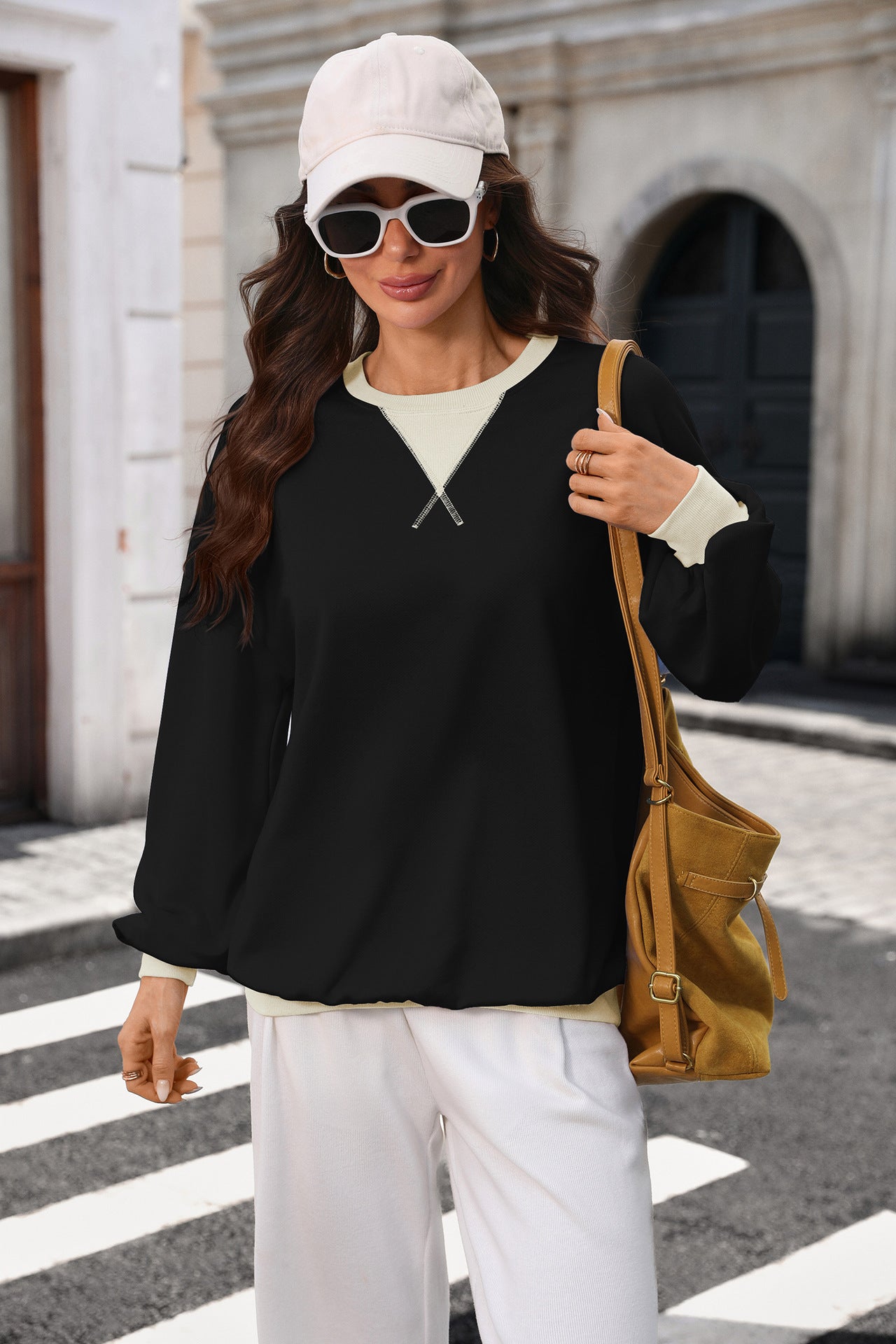 Colorblock Cotton Sweatshirt Oversized Casual Pullover