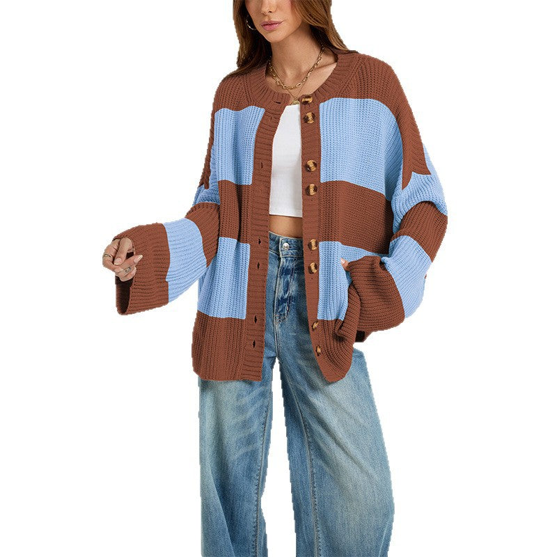 Women's Oversized Color Block Striped Cardigan Sweater