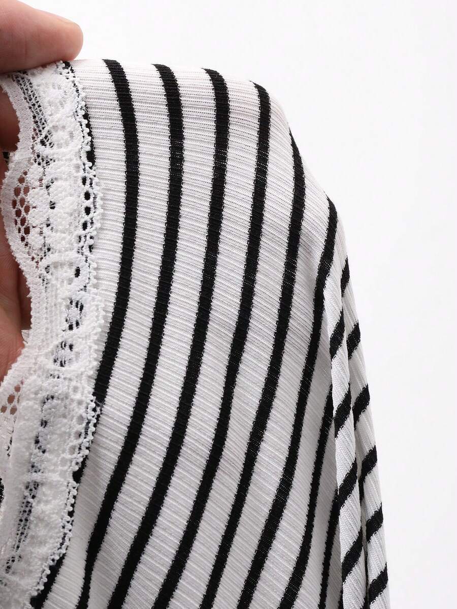 Striped Cotton Cardigan Sweet Lace Fitted Button Front