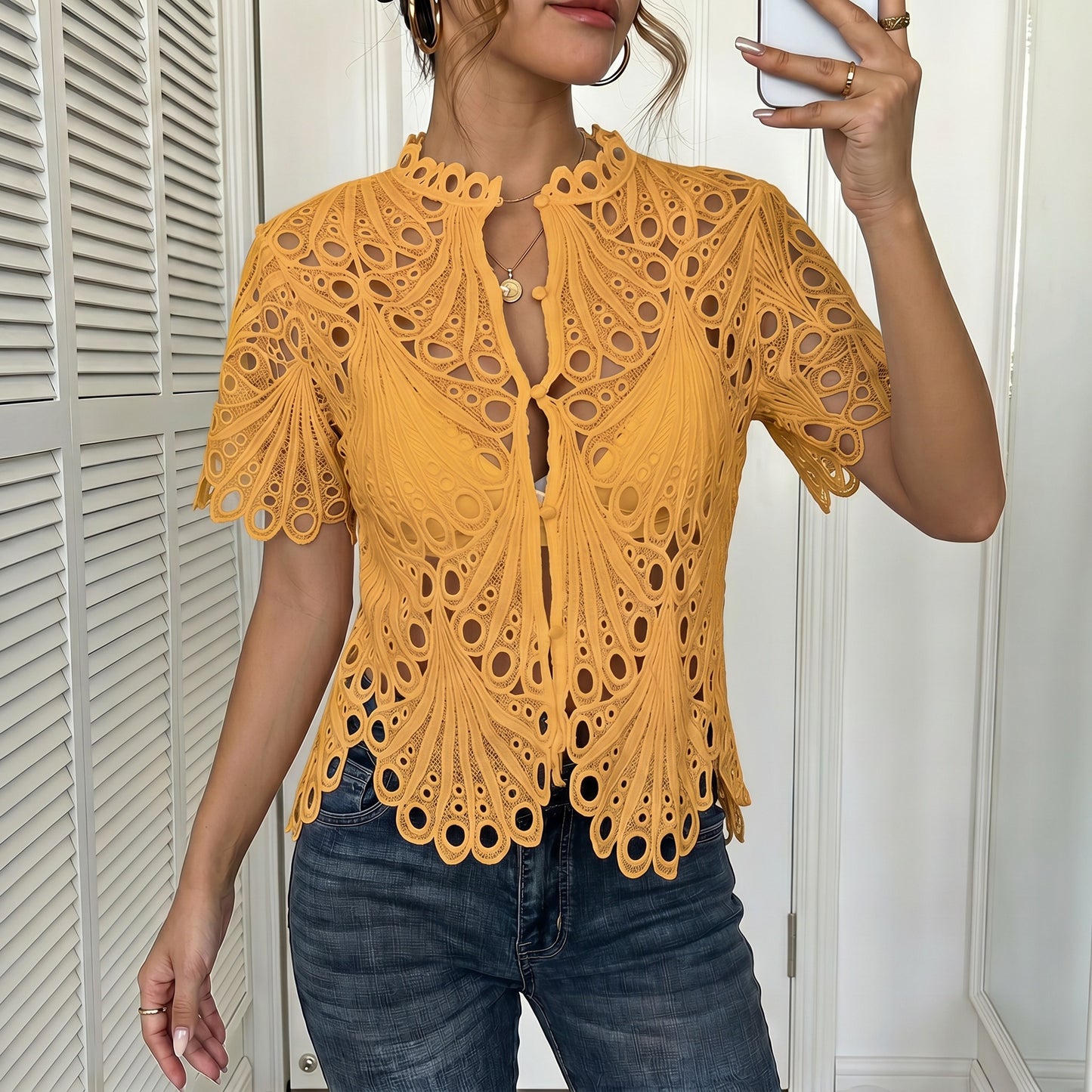 Crochet Lace Blouse with Sheer Bell Sleeves and Buttons