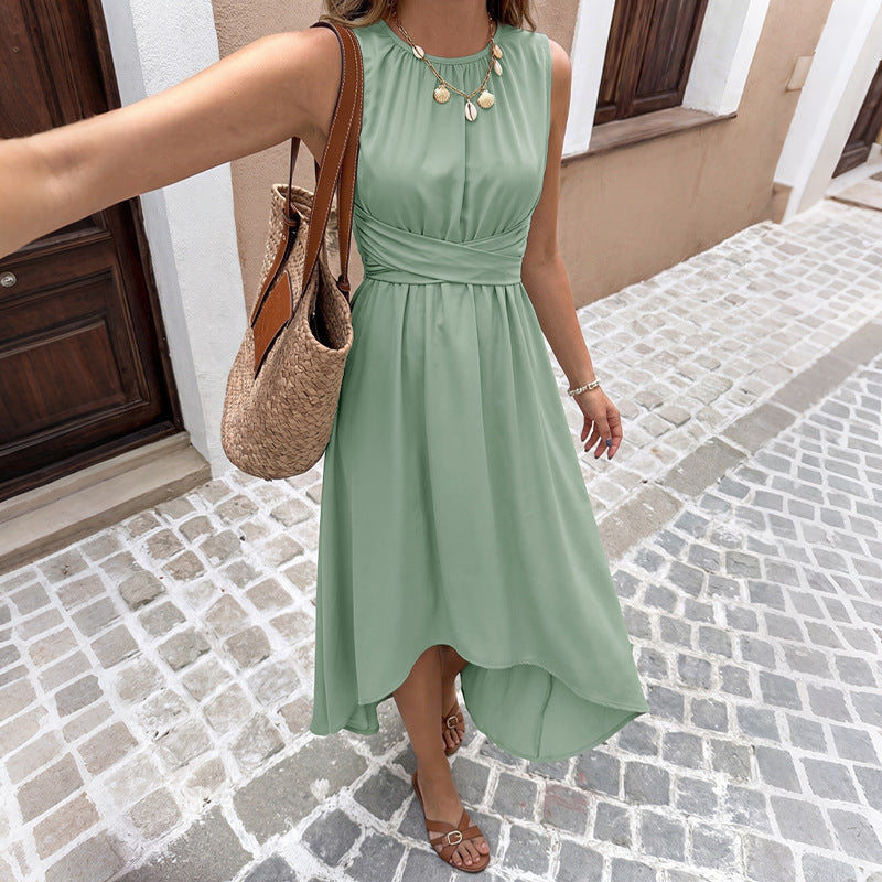 Belted Sleeveless Midi Dress Asymmetrical Hem Resort Style