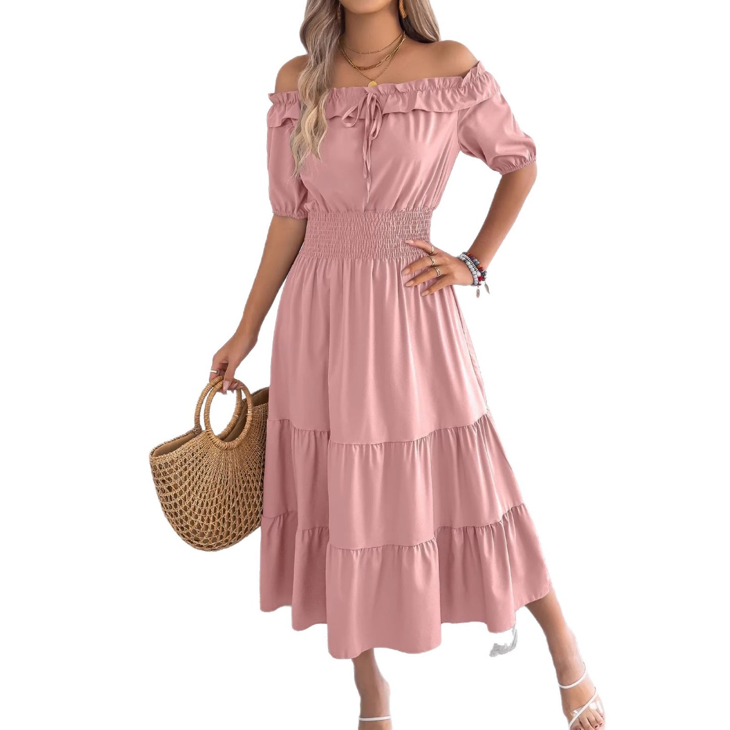 Green Off Shoulder Smocked Waist Ruffle Maxi Dress