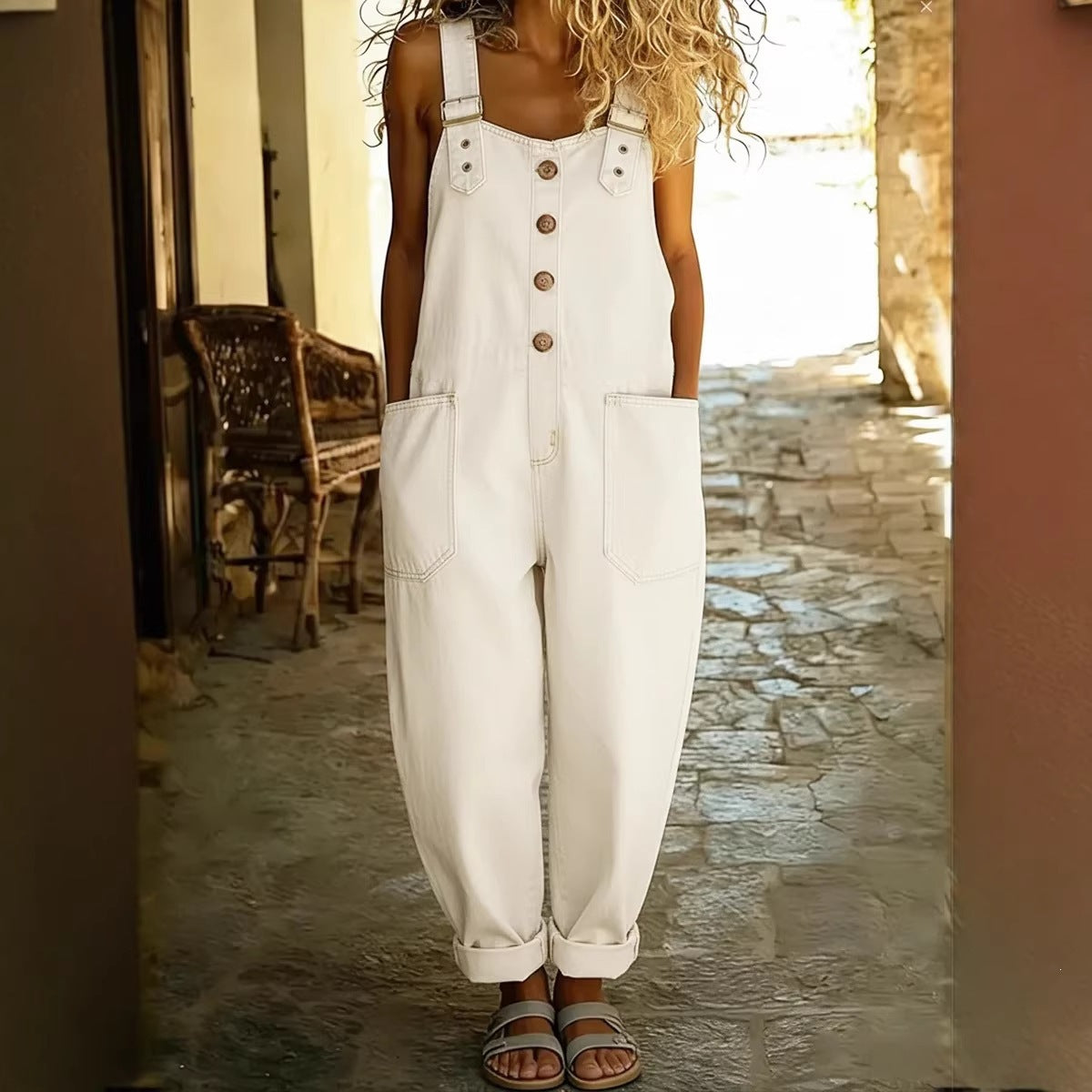 Washed Denim Overalls Adjustable Strap Relaxed Fit