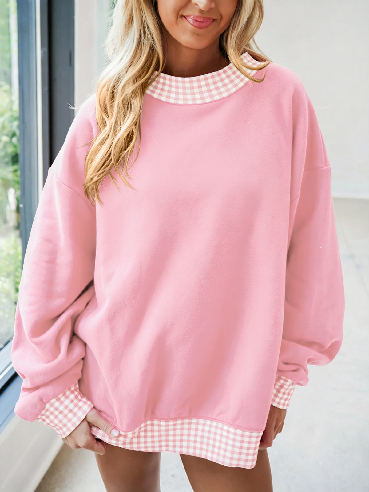 Women's Oversized Fleece Plaid Trim Mock Neck Sweatshirt