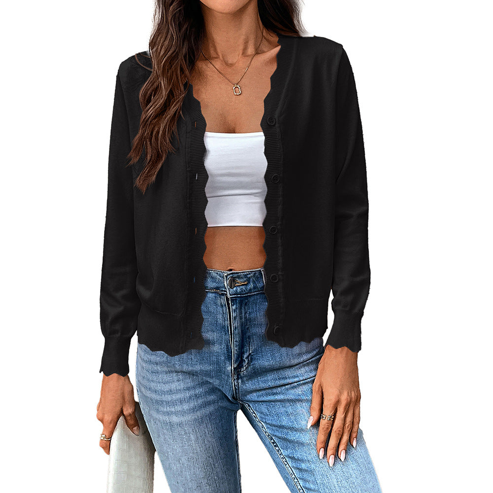 Lightweight V-Neck Scalloped Knit Cardigan for Women