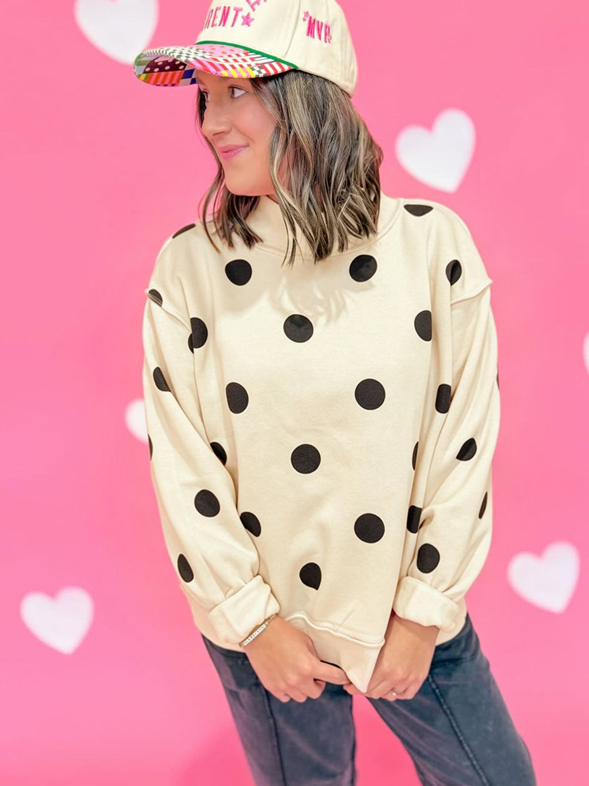 Womens Polka Dot Fleece Mock Neck Sweatshirt