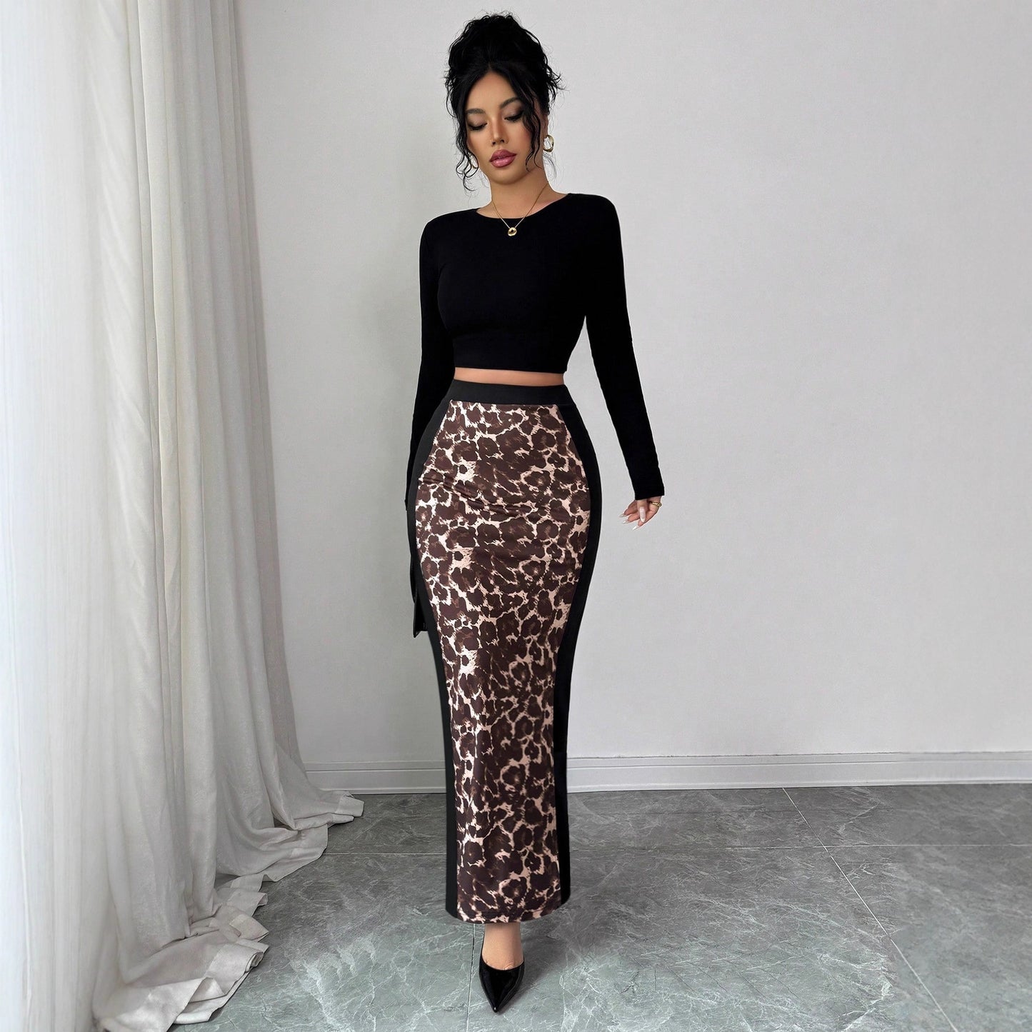Leopard Print Colorblock High Waist Slit Maxi Skirt