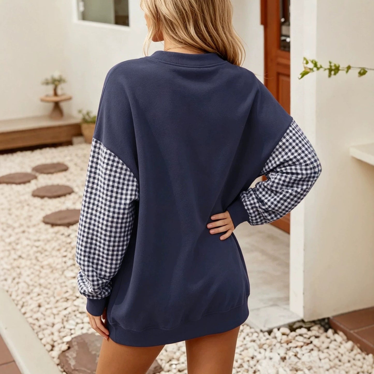 Gingham Knit Sweatshirt Oversized Colorblock Pullover