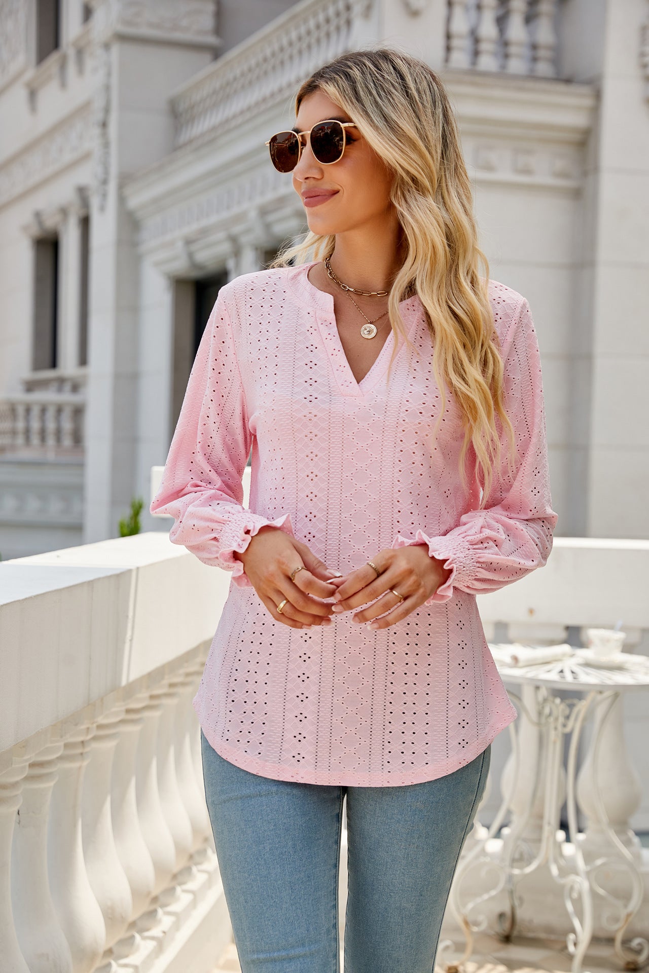 Eyelet V Neck Ruffle Sleeve Casual Long Sleeve Blouse
