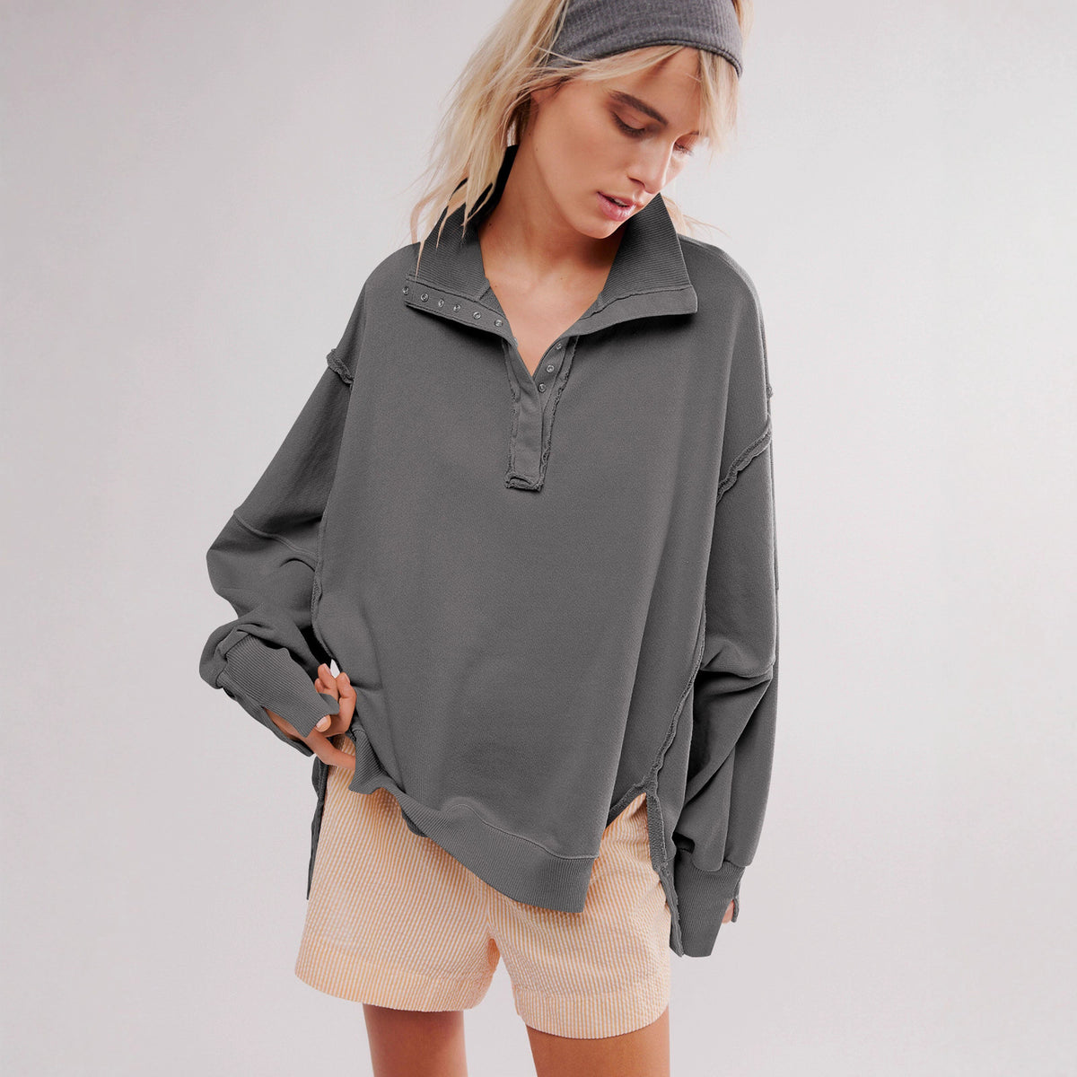 Oversized Collared Balloon Sleeve Split Hem Sweatshirt