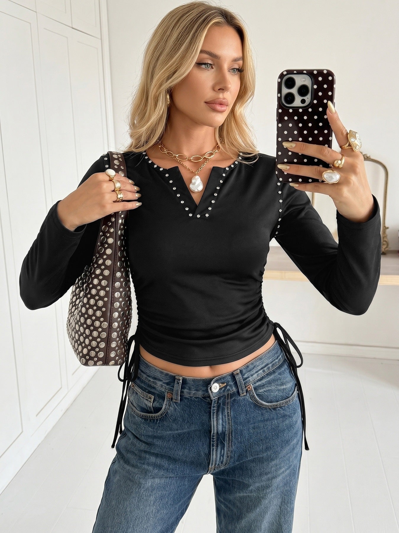 Solid Ribbed Top V Neck Long Sleeve Ruched Slim Fit