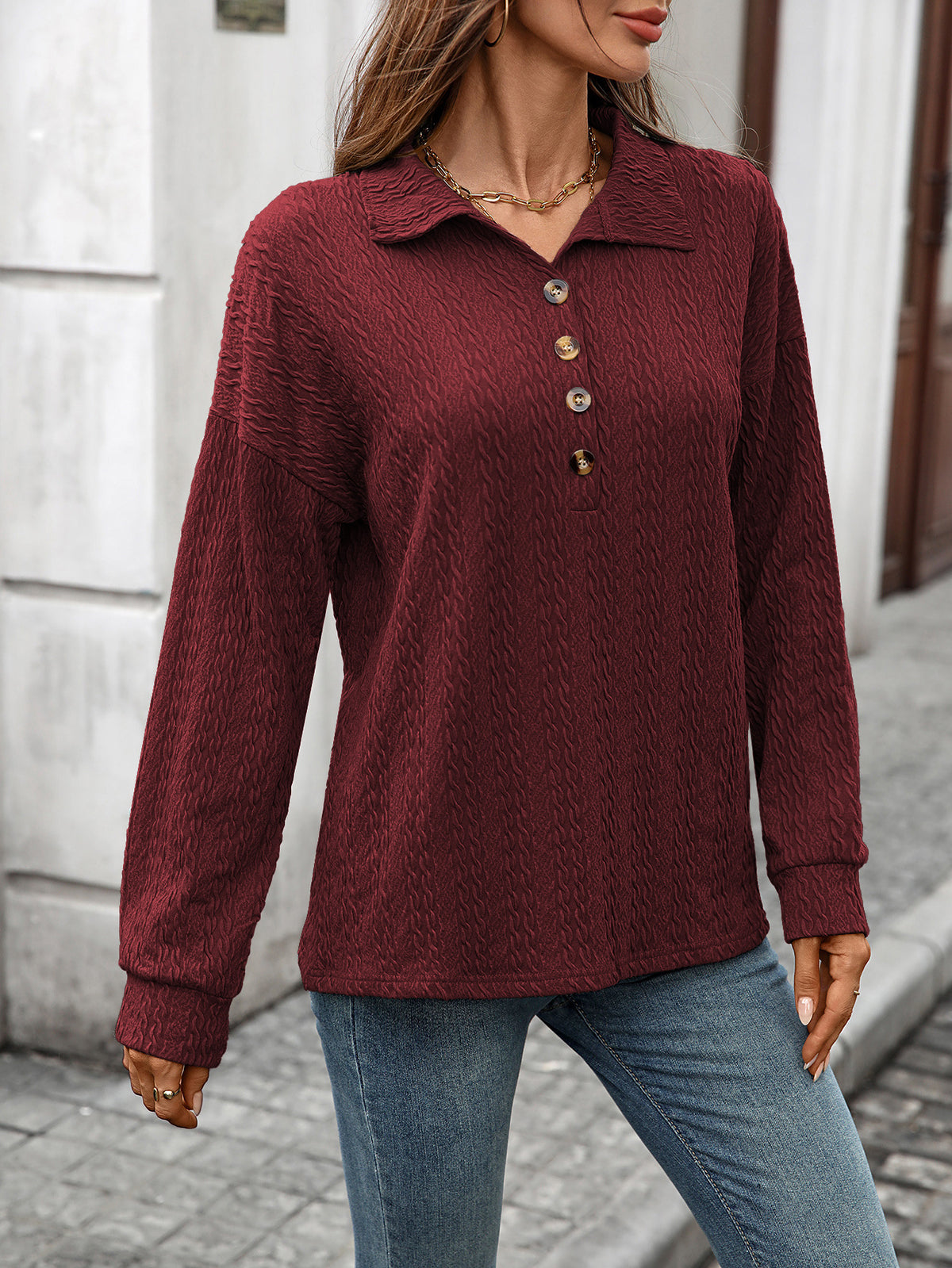 Women's Collared Long Sleeve Button Pullover Sweatshirt