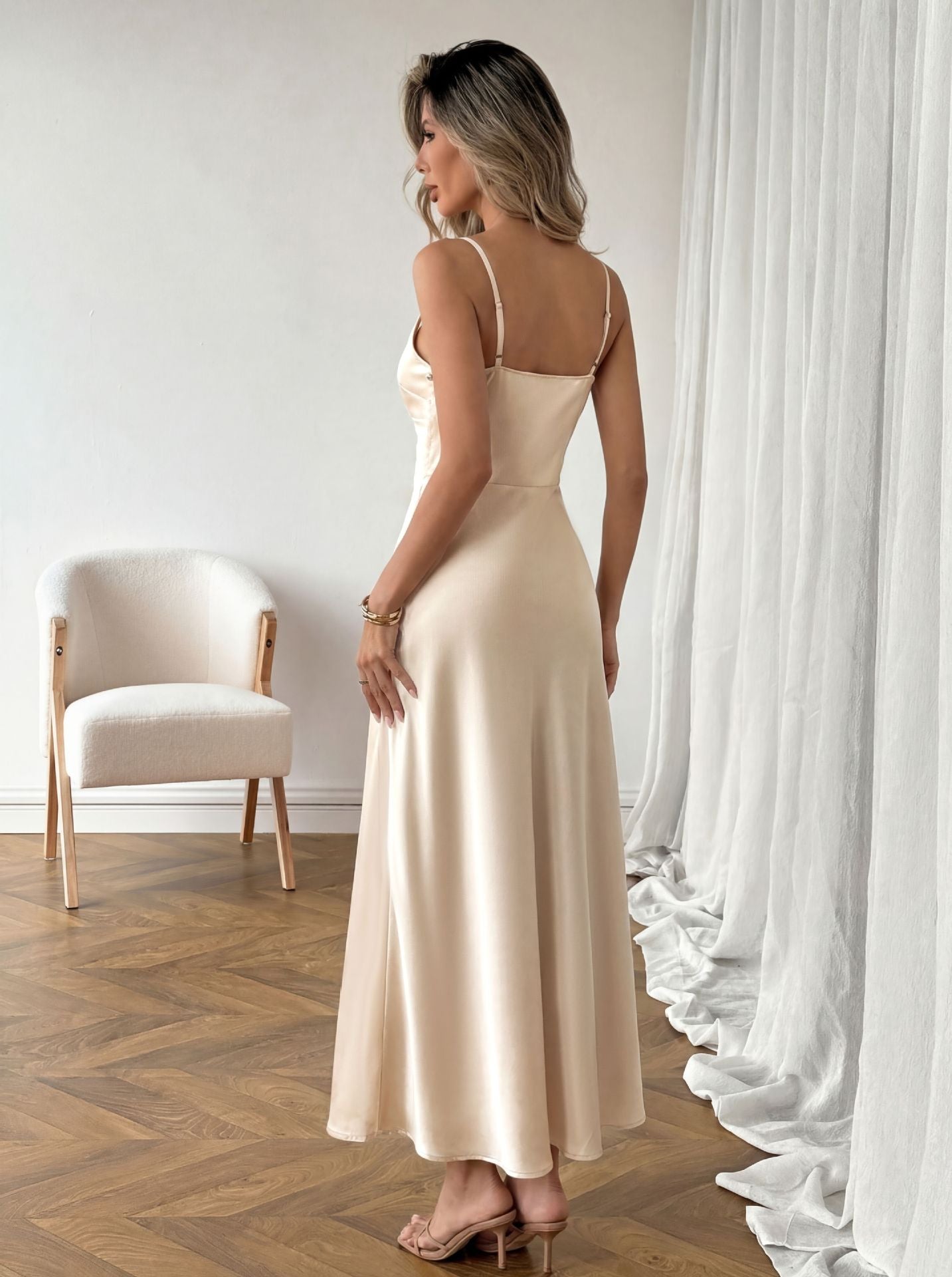 Elegant Champagne Satin V Neck Maxi Dress