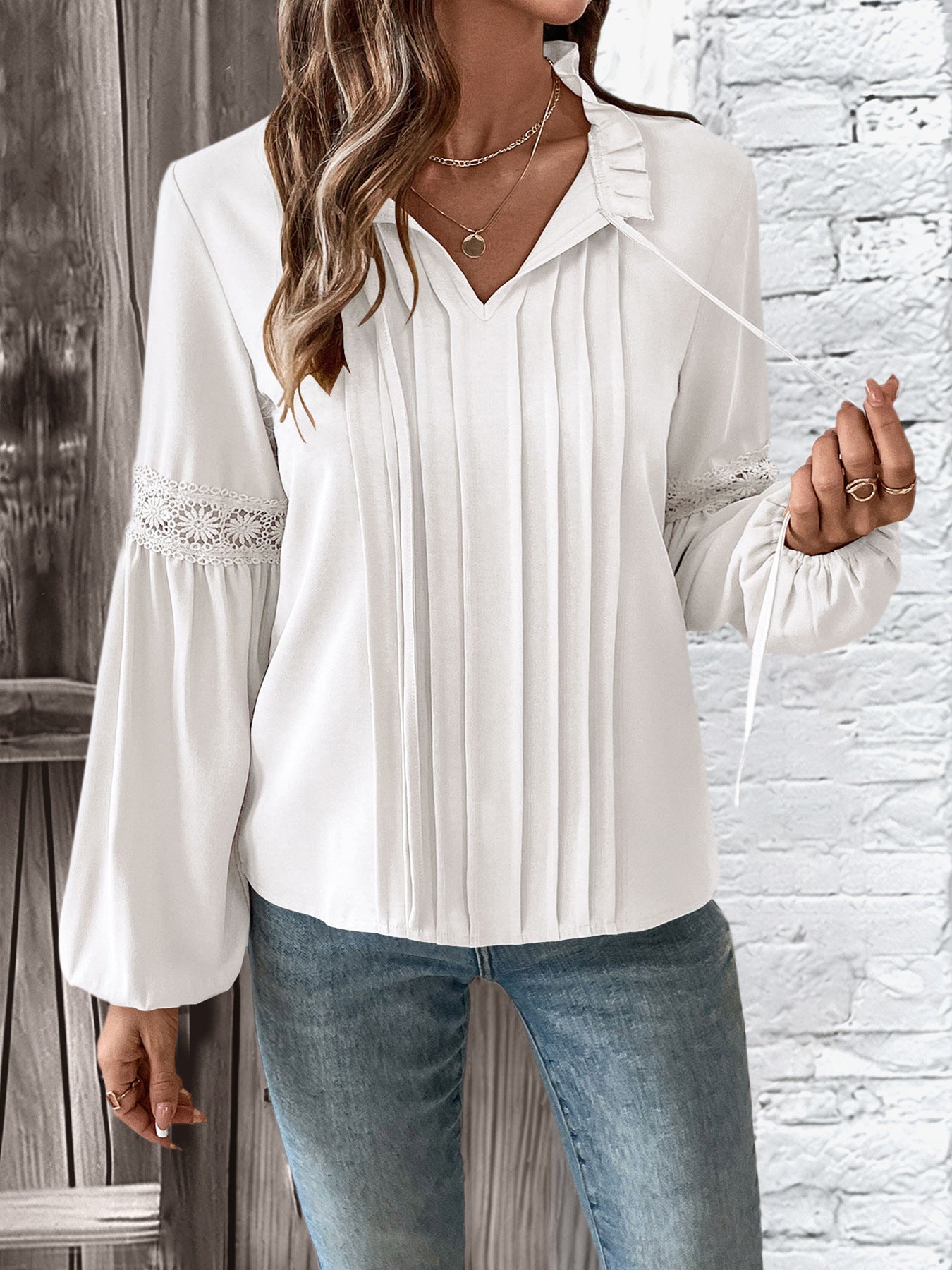 Elegant White Lace V-Neck Pleated Blouse for Spring & Fall