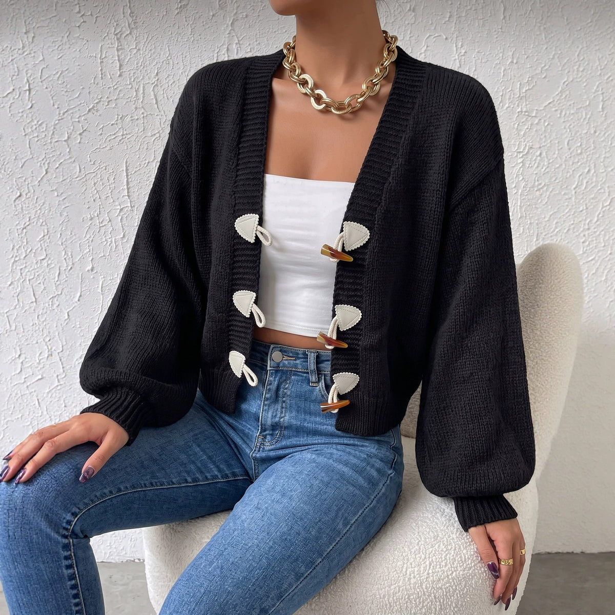 Women's Chunky Knit Cardigan Toggle Button Balloon Sleeve