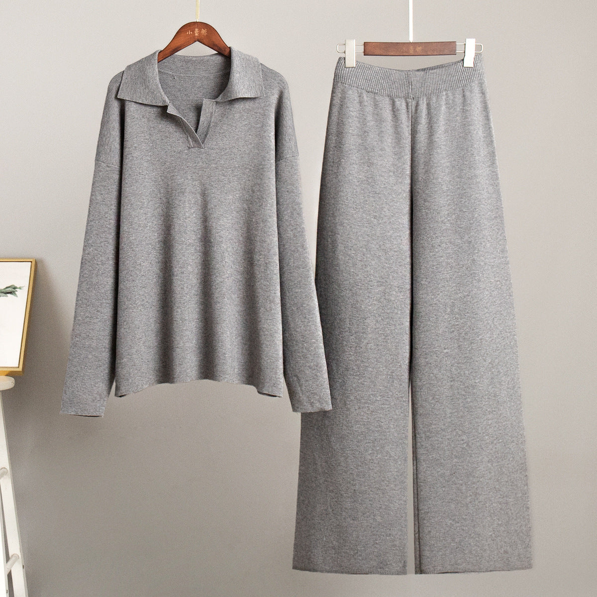 Polo Collar Knit Sweater Wide Leg Pants Set