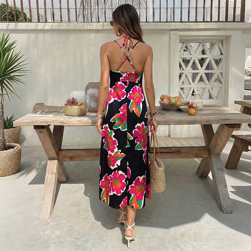 Floral Print Midi Dress Backless Vacation Style