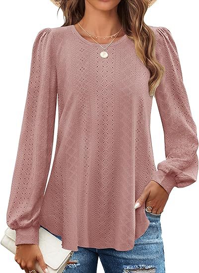 Solid Knit Blouse Casual Eyelet Puff Sleeve Boutique