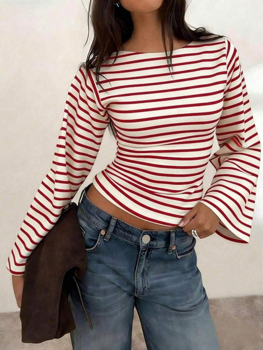 Women's Y2K Striped Bell Sleeve Fitted Crop Top Casual Tee