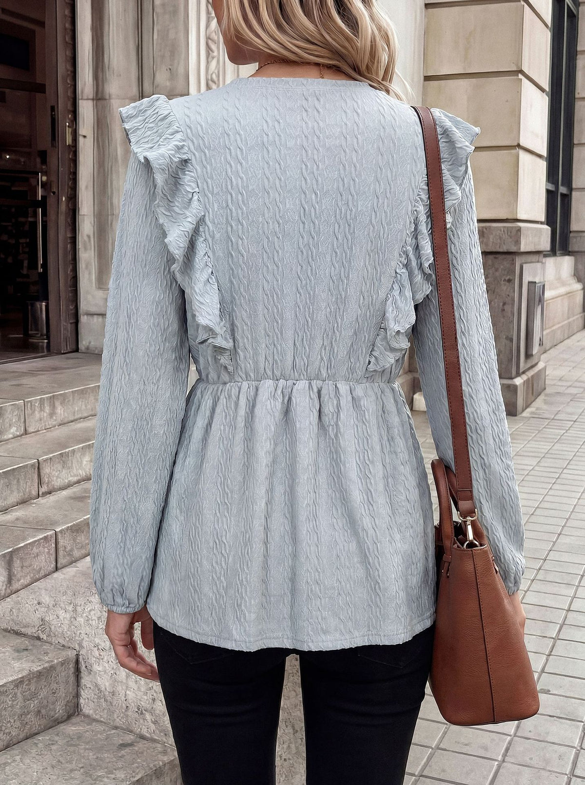Women's Casual Ruffle Peplum Long Sleeve Crew Neck Blouse