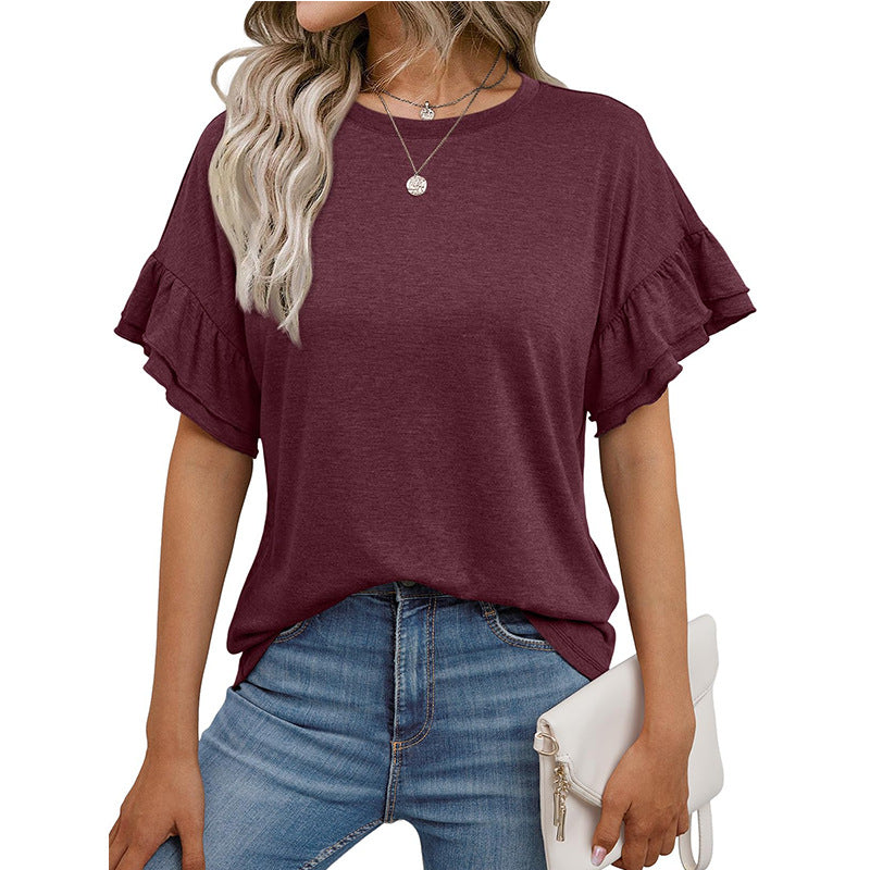 Ruffle Sleeve Crewneck Cotton Casual T Shirt