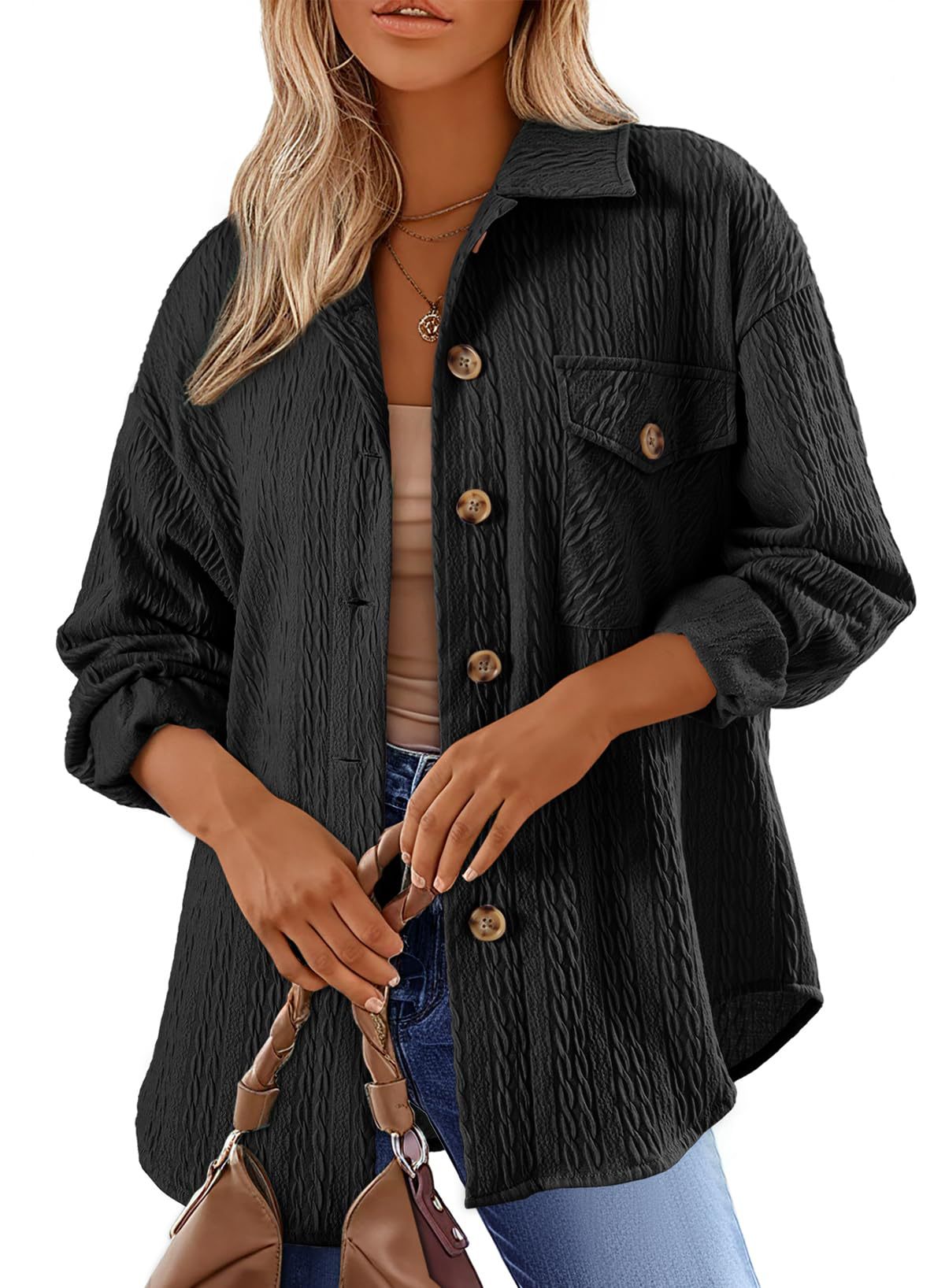 Women's Textured Shacket Oversized Button Down Shirt