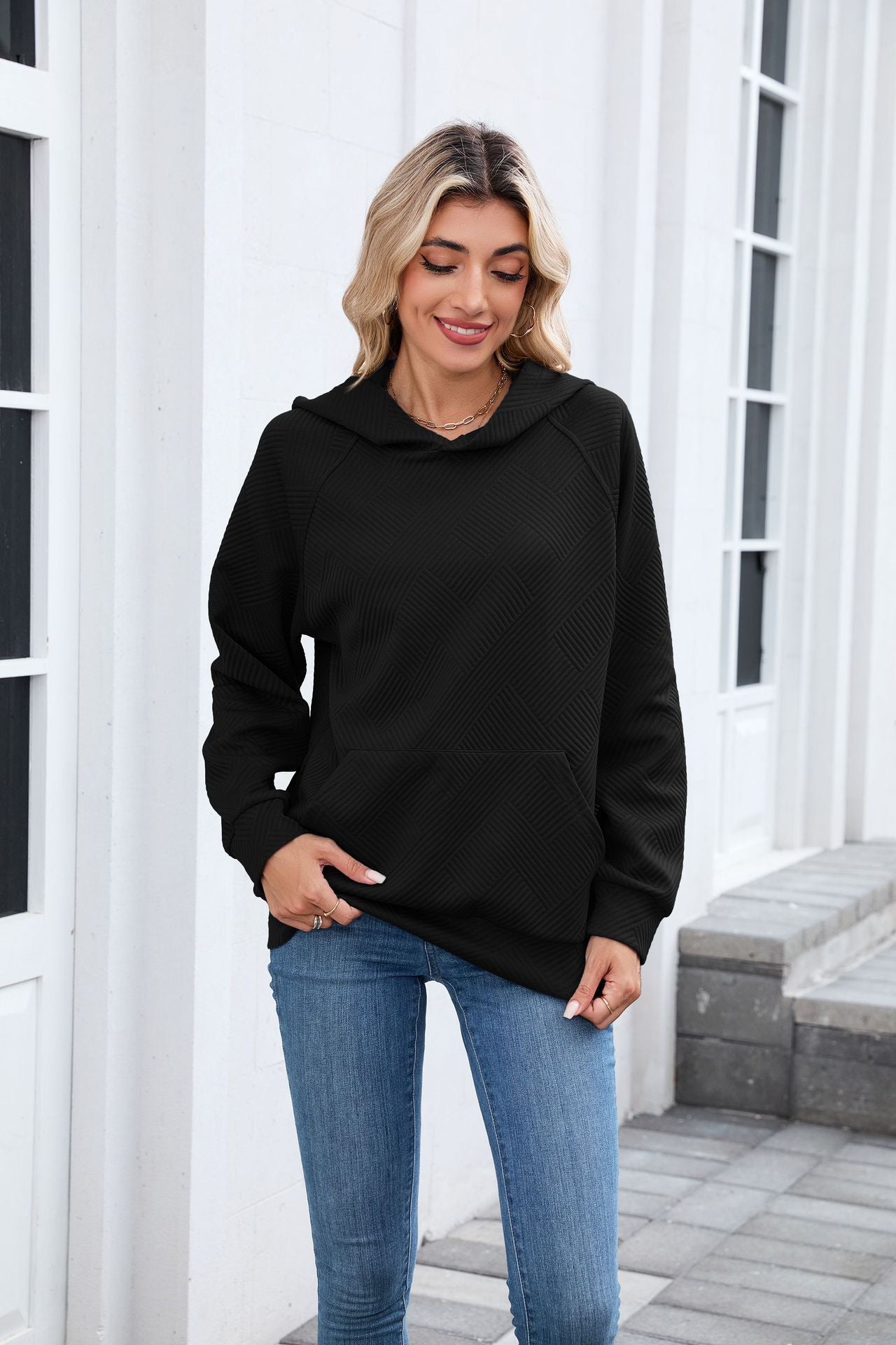 Textured Chevron Hoodie | Cozy Pullover Kangaroo Pocket