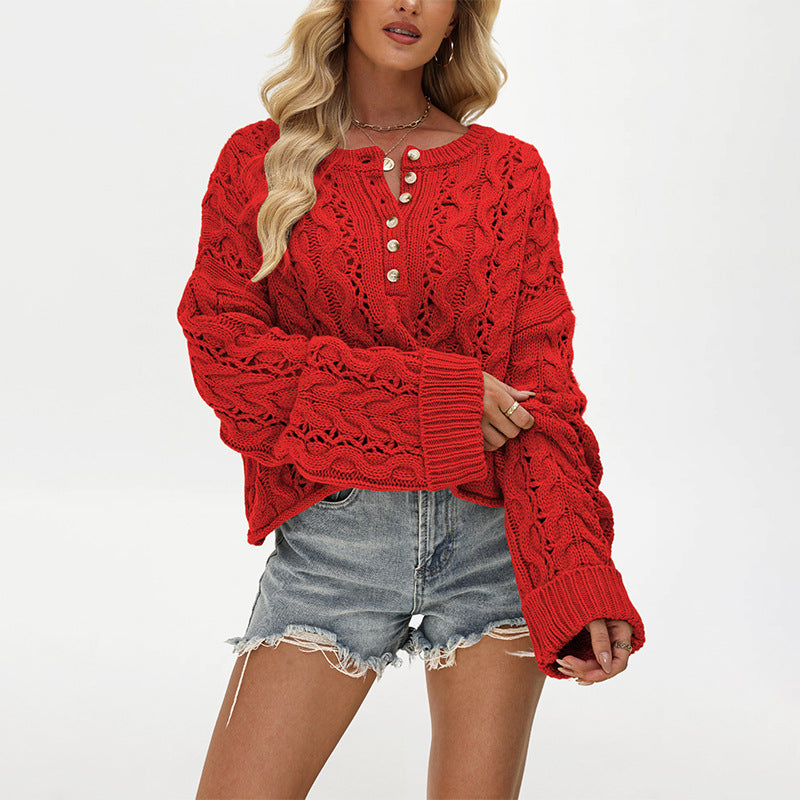 Women's Oversized Cable Knit Cropped Button Sweater